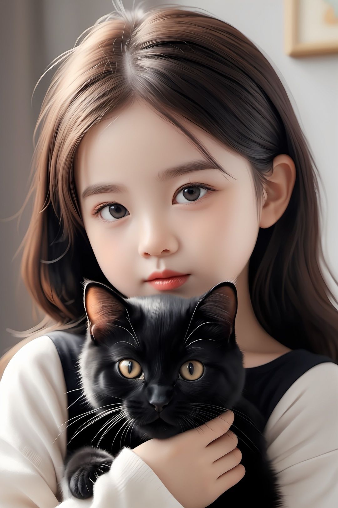 girl with a cute black cat holding it, in the style of photorealistic renderings, babycore, oshare kei, cute and dreamy, 32k uhd, caricature faces, childlike innocence 
