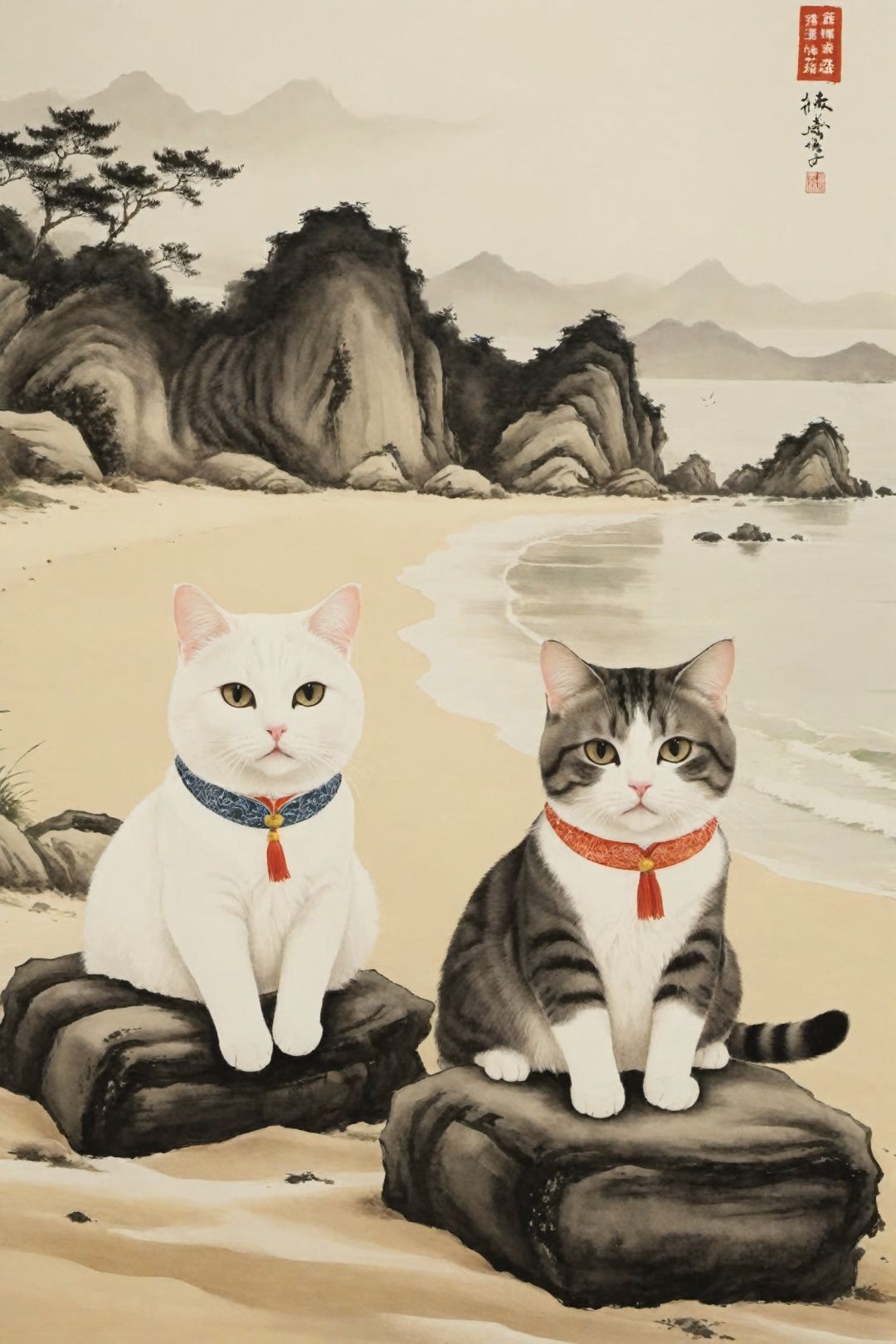  cute cats on beach, in the style of balanced symmetry, spontaneous gestures, movie still, shige's visual aesthetic style, group zero, tondo, creative commons attribution,traditional chinese ink painting