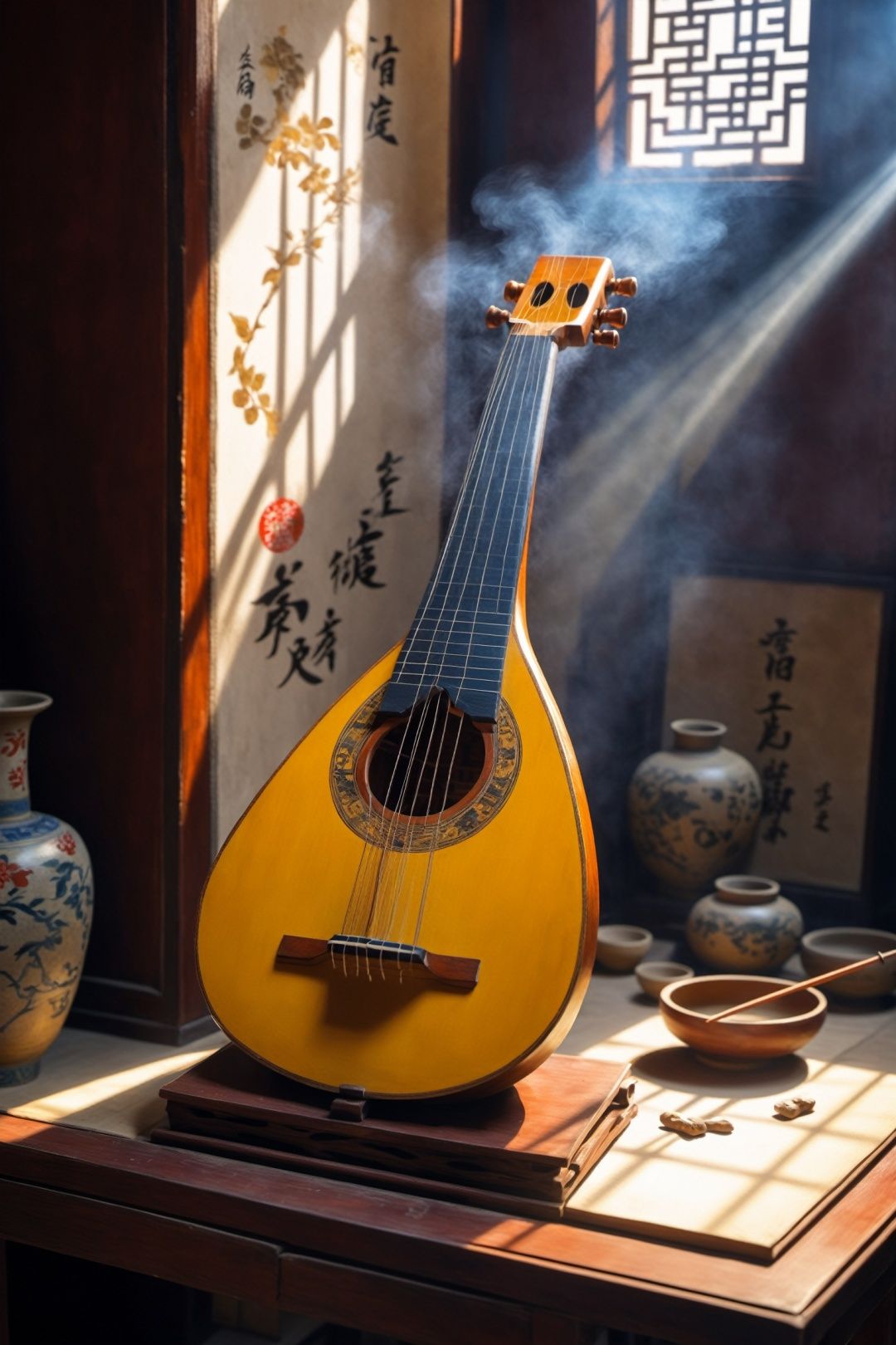  A lute with broken strings, Chinese style, Put it in a corner full of clutter, The sun shines through the dust onto the lute, There was smoke, Decadent, Dilapidated, Traditional Chinese painting style