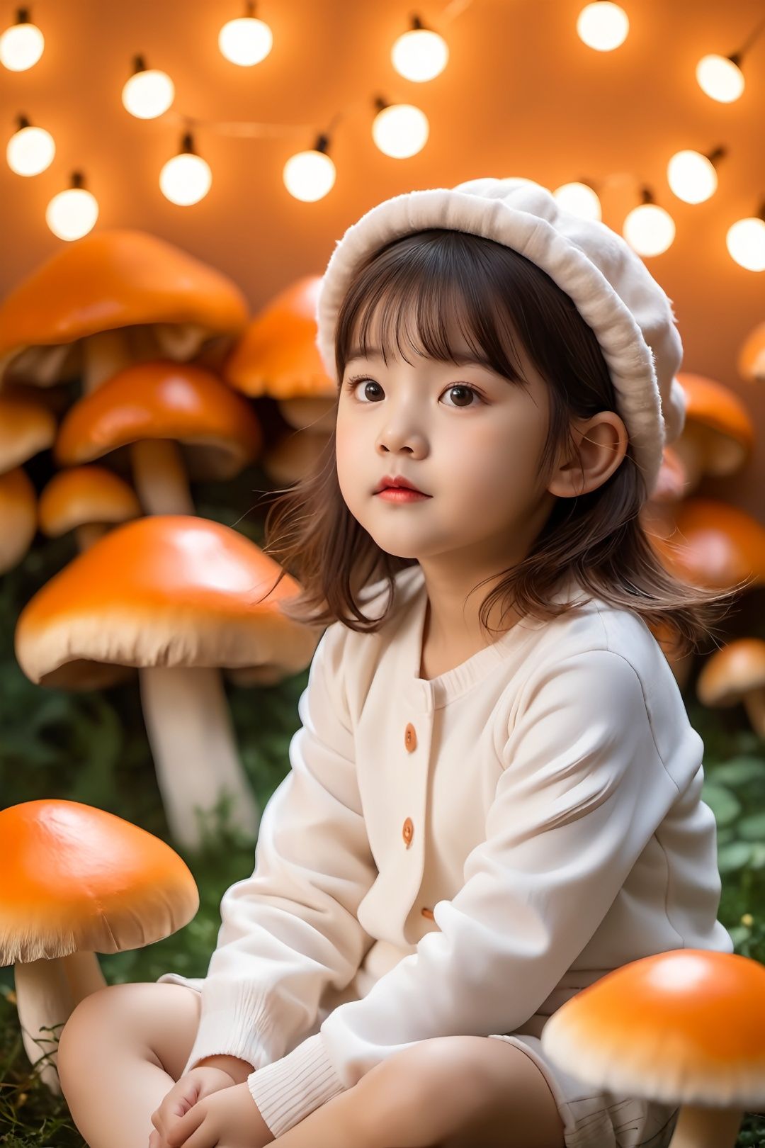  the little girl sitting in front of mushrooms with lights in the background, in the style of yeong hao han, uhd image, dreamlike atmosphere, light white and orange, maximalism, color light, close up