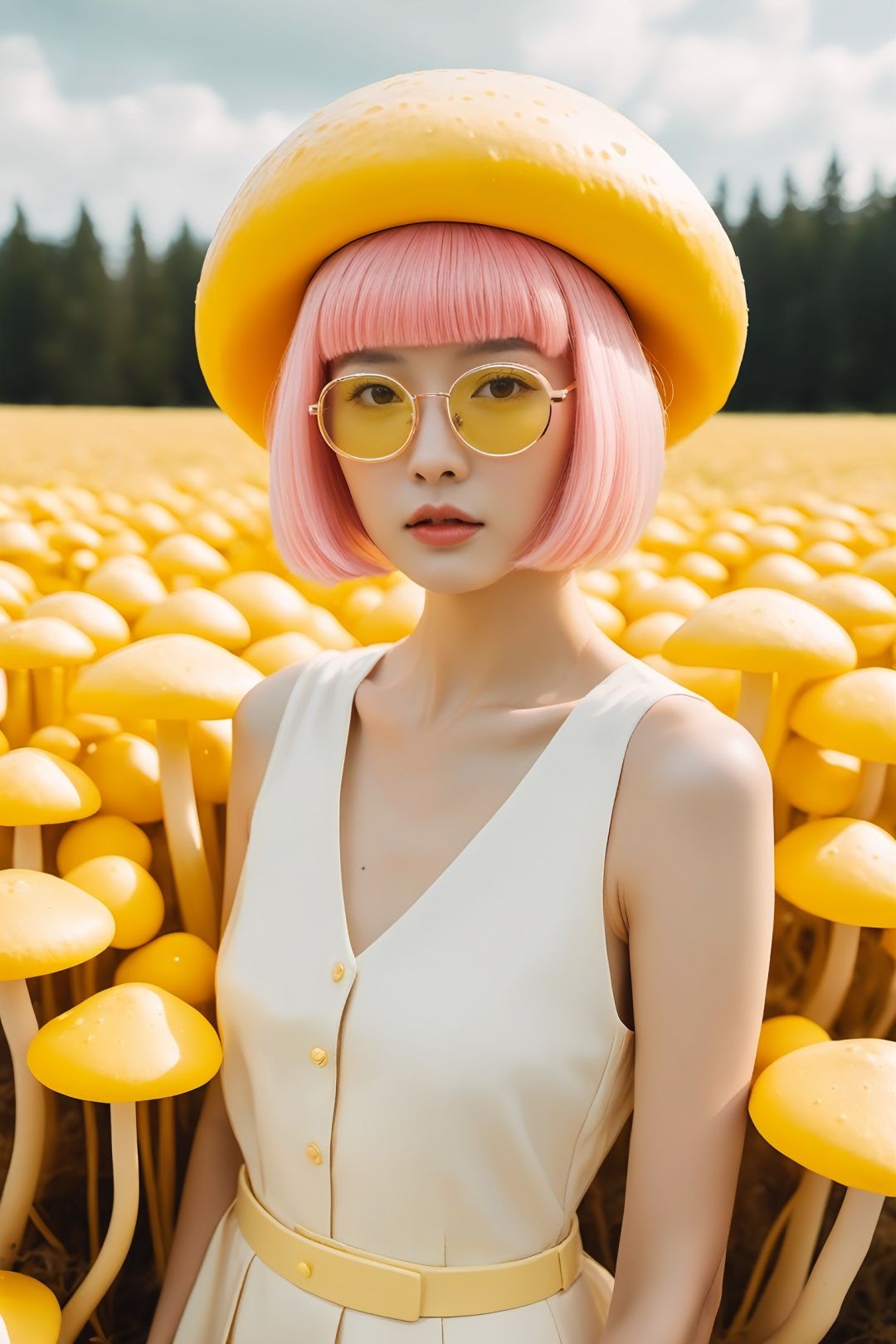  person wears glasses and pink wig in field of yellow mushrooms, in the style of futuristic glam, light orange and light beige, #film, monochromatic tones, sana takeda, electric color schemes