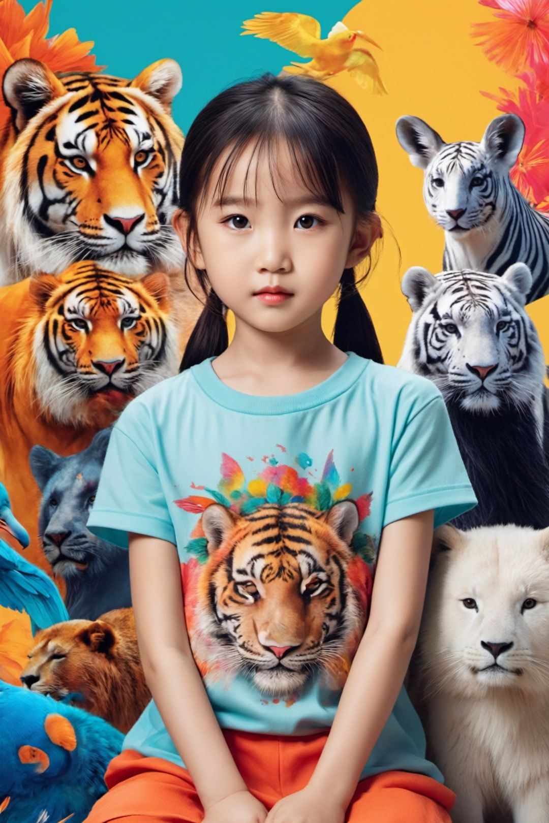 Social art, colorful backgrounds, splashing colors. A 6-year-old Chinese girl with exquisite facial features, half body portrait, tattoos, surrounded by animals, movie perspective, advertising style, girl, half body photos,