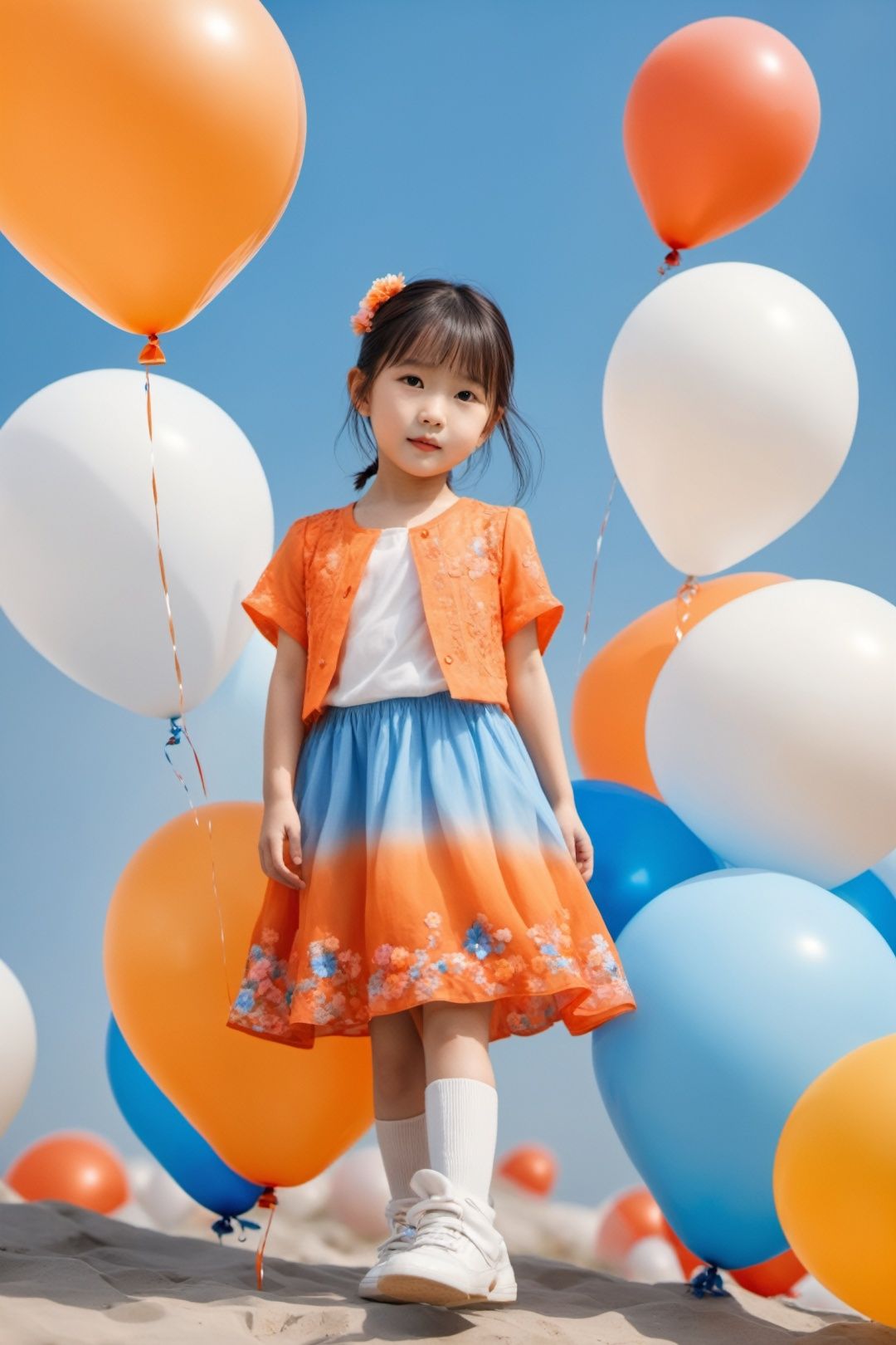 A fashionable and cute6-year-old Chinese girl, mainly in orange, white, and blue,with many balloons, flowers, blue sky, real scenes, super realistic, super detailed, 16k, full body photo

