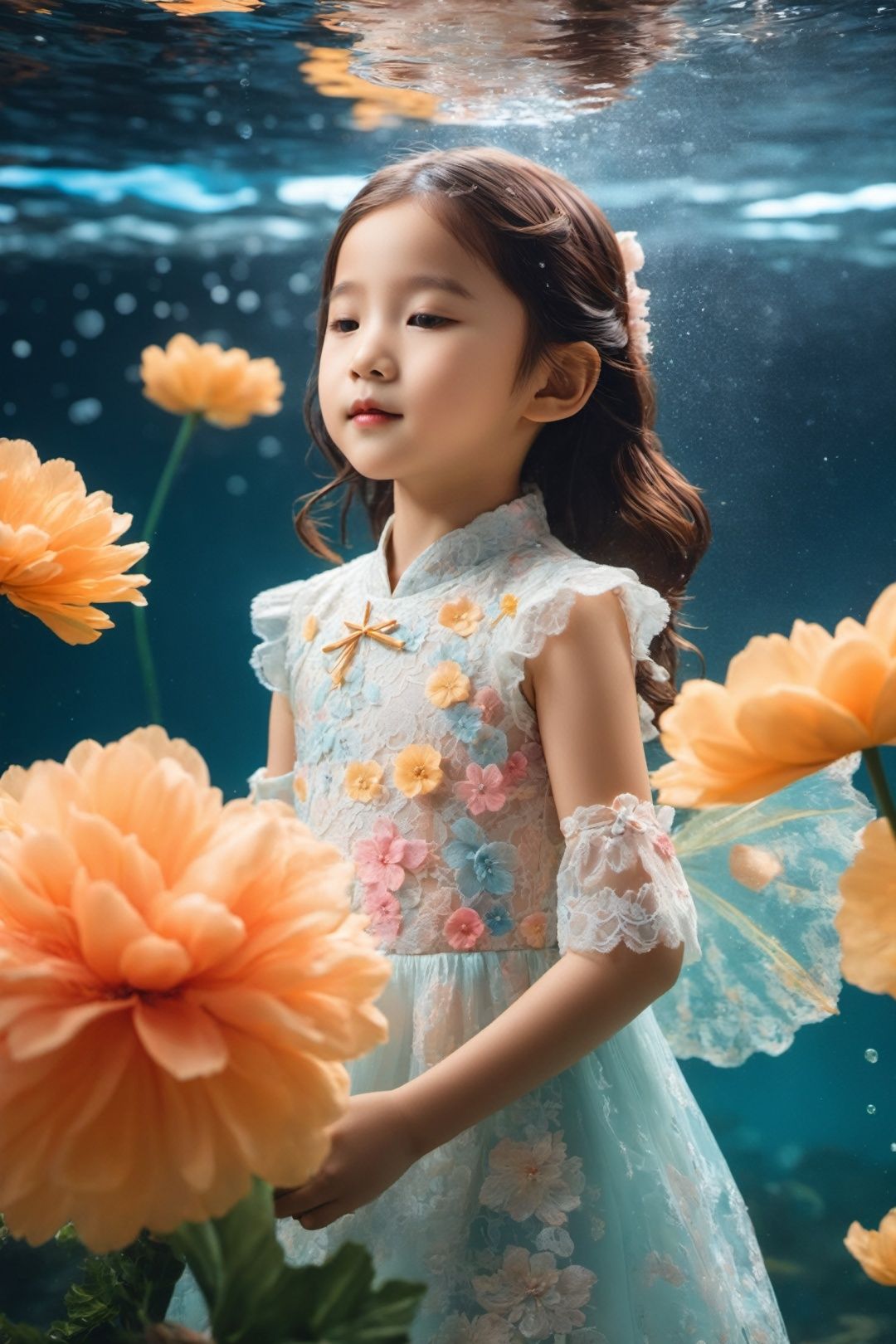 An 8-year-old
Chinese girl wearing a lace dress, taking photos underwater,with water bubbles and large petal flowers, a dreamlike scene that follows the
principles of power, bright color combinations, super details, Fuji camera shooting, realistic shooting, super realistic,half body photos,
