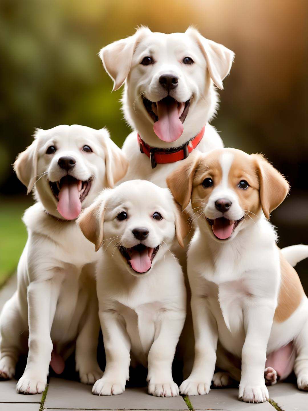 Masterpiece, best quality, true, photo, group of dogs looking at the camera, pup, open mouth, surprised, scared, cute, high definition, 32k,
