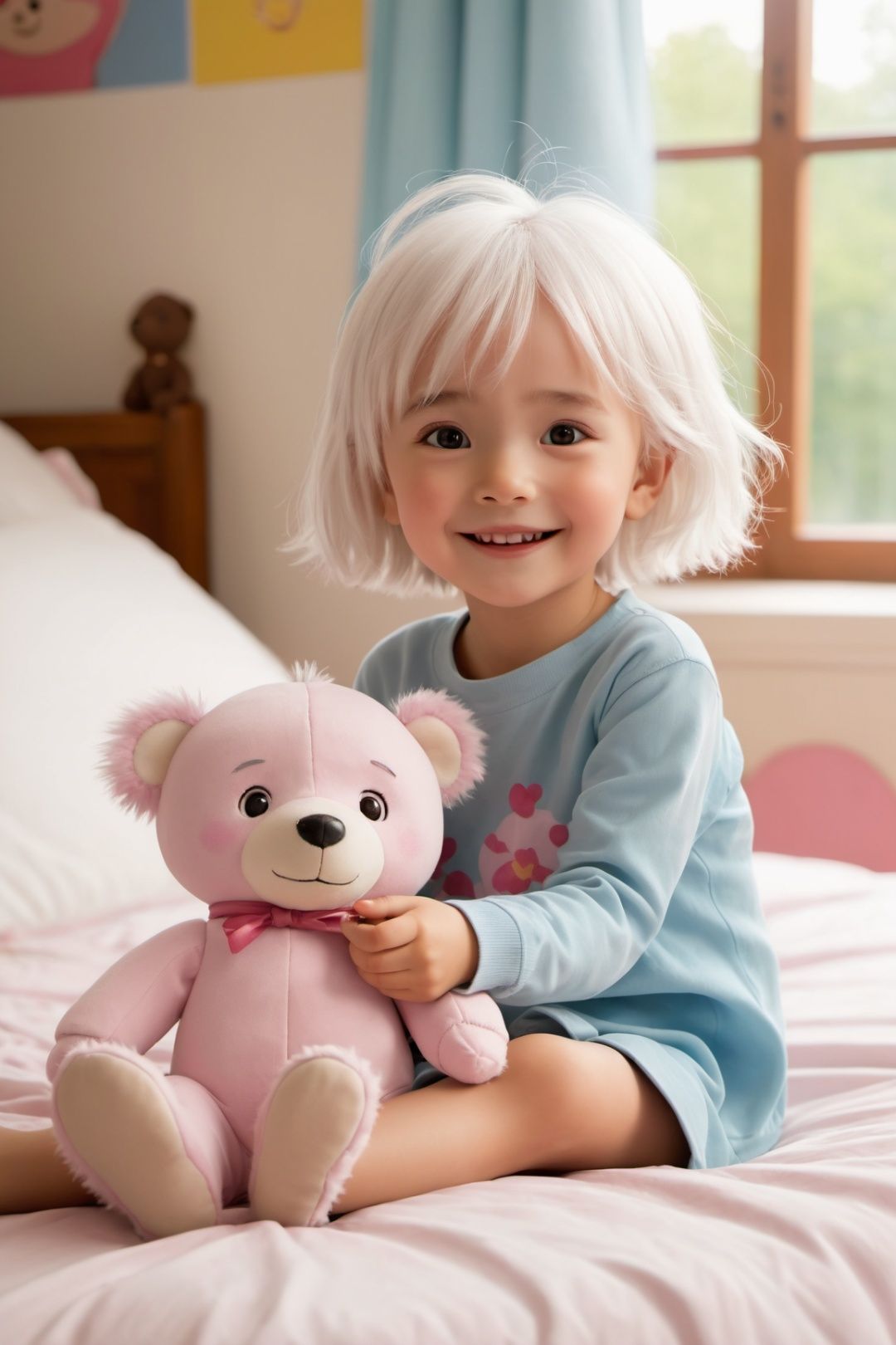 Ghibli artwork, 1 Little girl, white hair, short hair, deep eyes, pink pupils, open arms, smile, indoor, cartoon style bedroom, sitting on bed, bear doll, messy toy, soft background,

