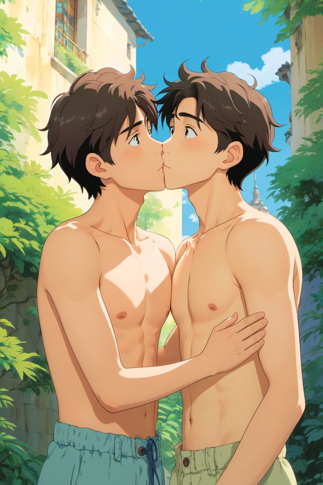  Ghibli artwork Two boys kissing, topless, dramatic, key visual, vibrant, highly detailed, studio animation, animated color