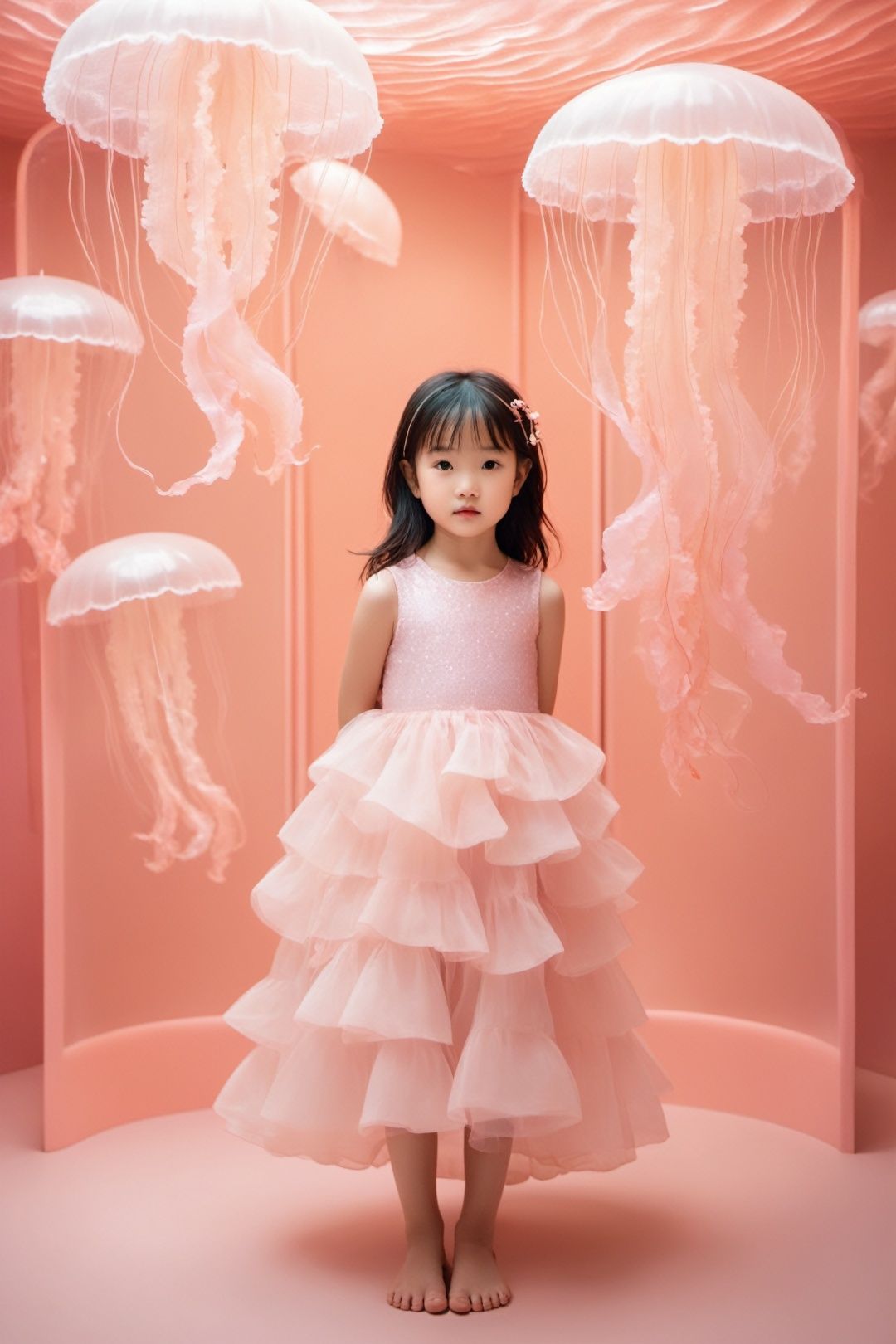 A 6-year-old Chinese girla little girl is standing in a pink chamber with jellyfish, in the style of soft, dream like quality, organic flowing forms, i can't believe how beautiful this is, ethereal dreamscapes, light white and light orange, sculptural costumes, nature inspired imagery  , full body photos,
