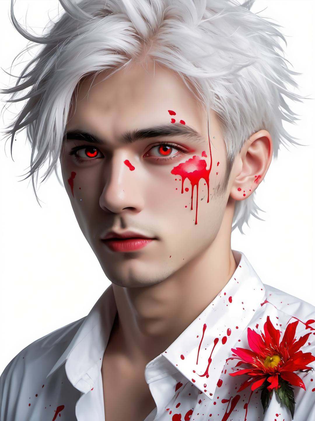 realistic, male focus, messy white hair, piercing red eyes, upper body, white shirt splattered with neon paint, industrial setting, surrealistic vibe, Huge flowers