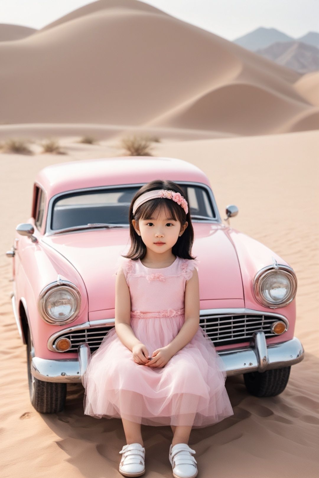 A 6-year-old Chinese girl, a pink antique vintage car, sitting in front of the car, in the desert, with various gift boxes, super details, dreamy advanced photography, realistic shooting,16k, full body photo 
