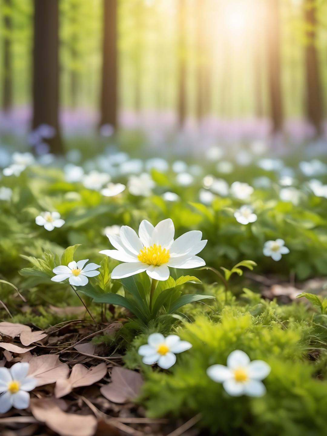 Flowers lie on the forest surface, the serenity of spring, soft light, (spring theme), beautiful spring woods, Fuji, bokeh,Flower Blindfold
