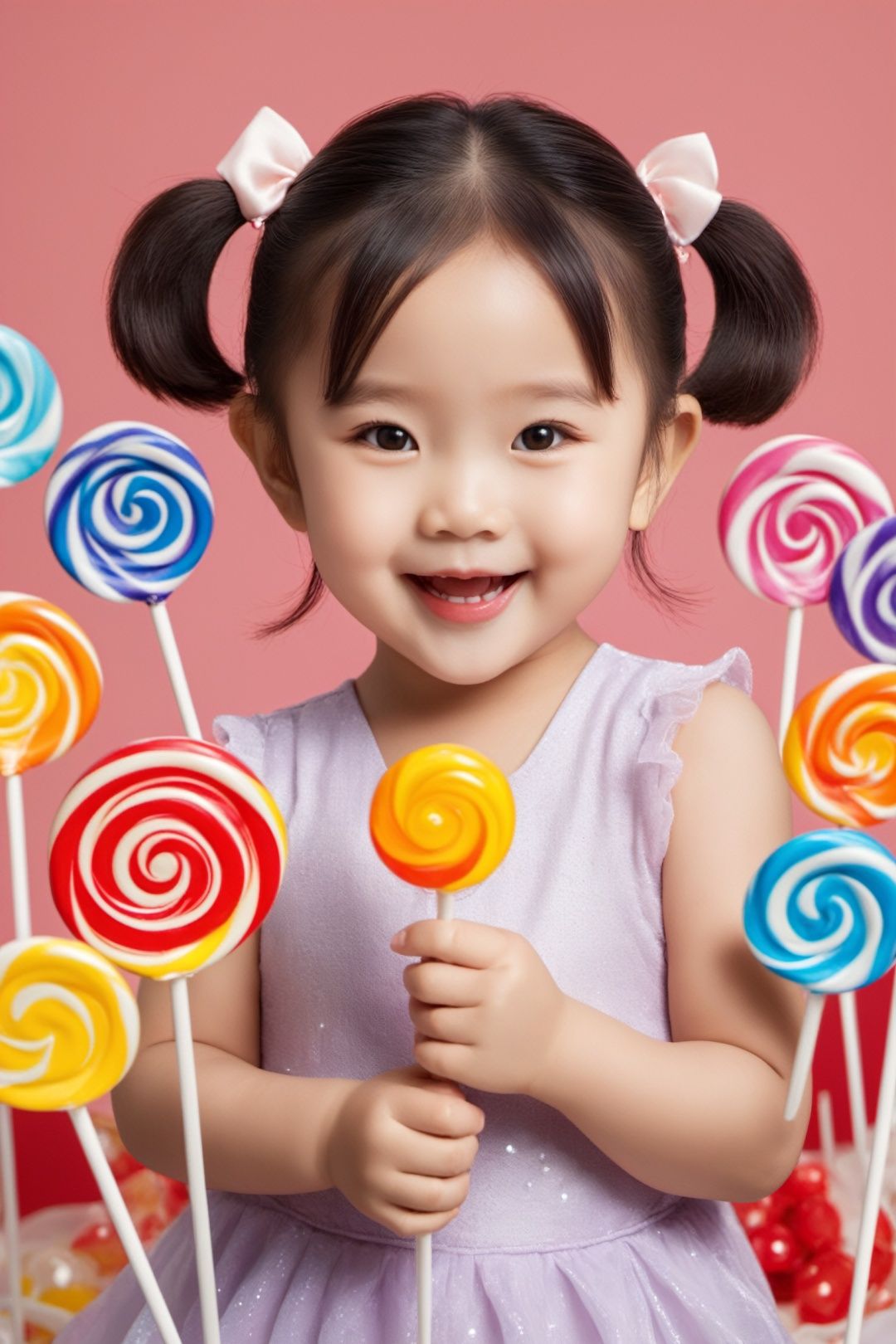 A 6-year-old Chinese girl dressed in fashion, with a happy expression, playful and cute body language, surrounded by various sizes of lollipops, super details, dreamlike advanced photography, realistic shooting, full body photos,
