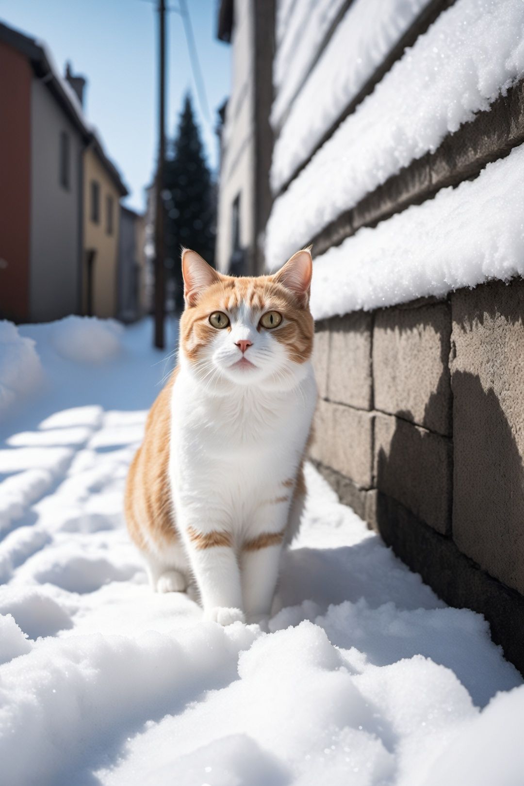  The snow is falling profusely, and a cold city wall, A cat is looking up at the wall outside. The ground is covered in snow, with snowflakes falling one by one, Camera capture, realistic, photography works, perfect composition, and a sense of hierarchy of light and shadow,