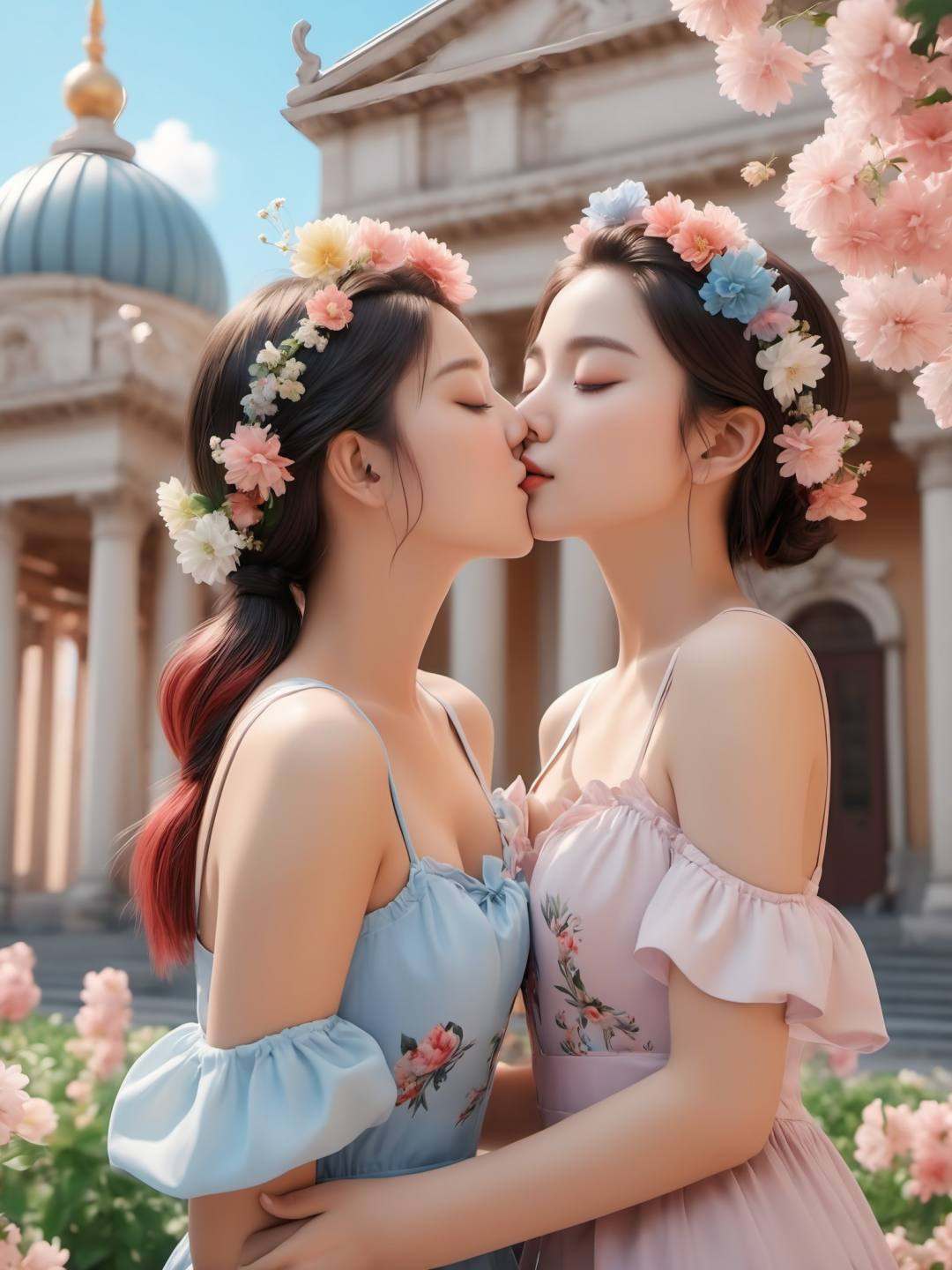 (Two girls close their eyes and kiss), the classical architecture is surrounded by blooming flowers, colorful and colorful,Clear hair, exquisite details, high detail, ultimate detail, ultimate texture, 3D stereo, Unreal Engine 5 rendering