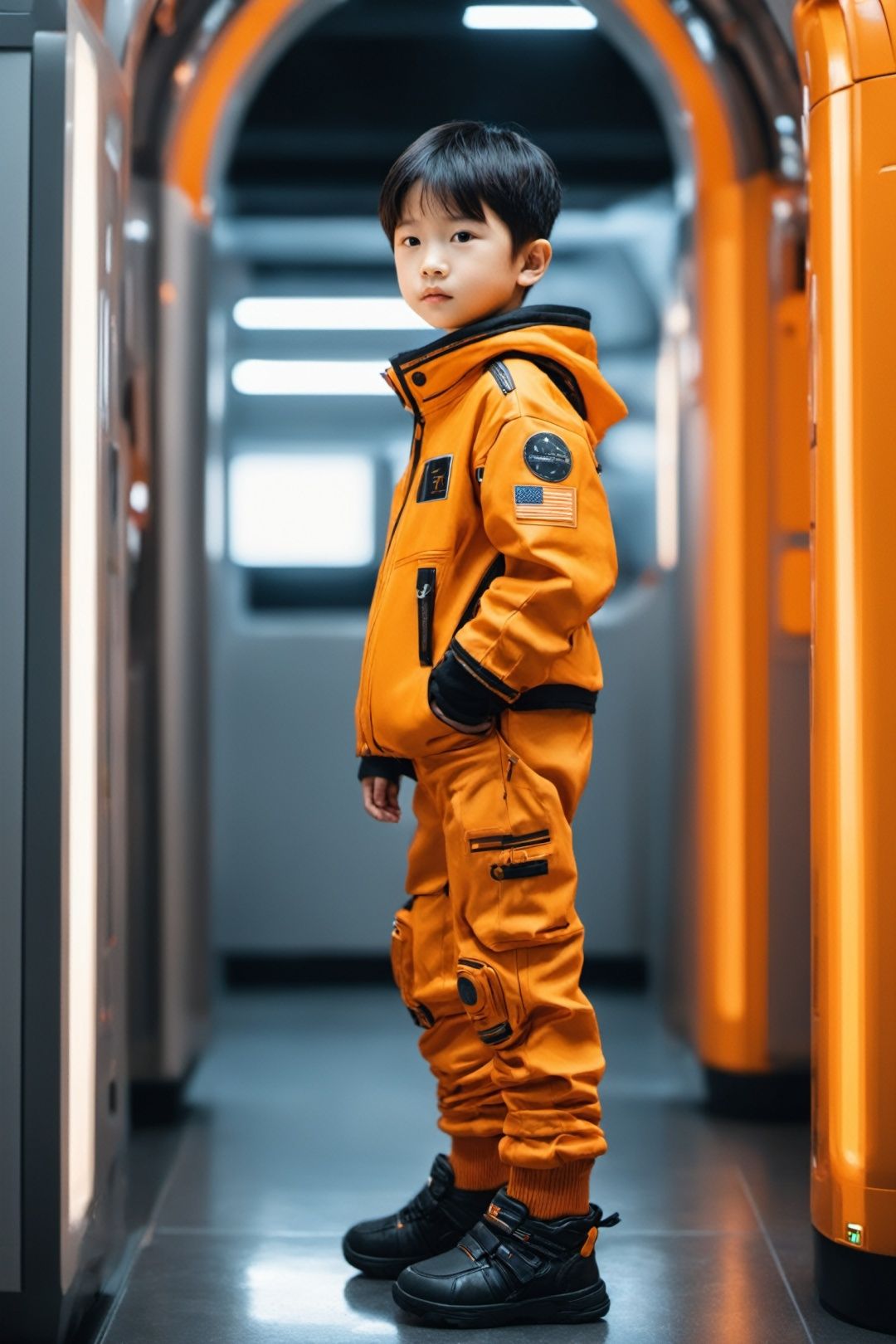  An 8-year-old Asian Chinese boy, orange, cyberpunk style, space age space, super details, shot with Fujicamera, full body photo, realistic shot, 
