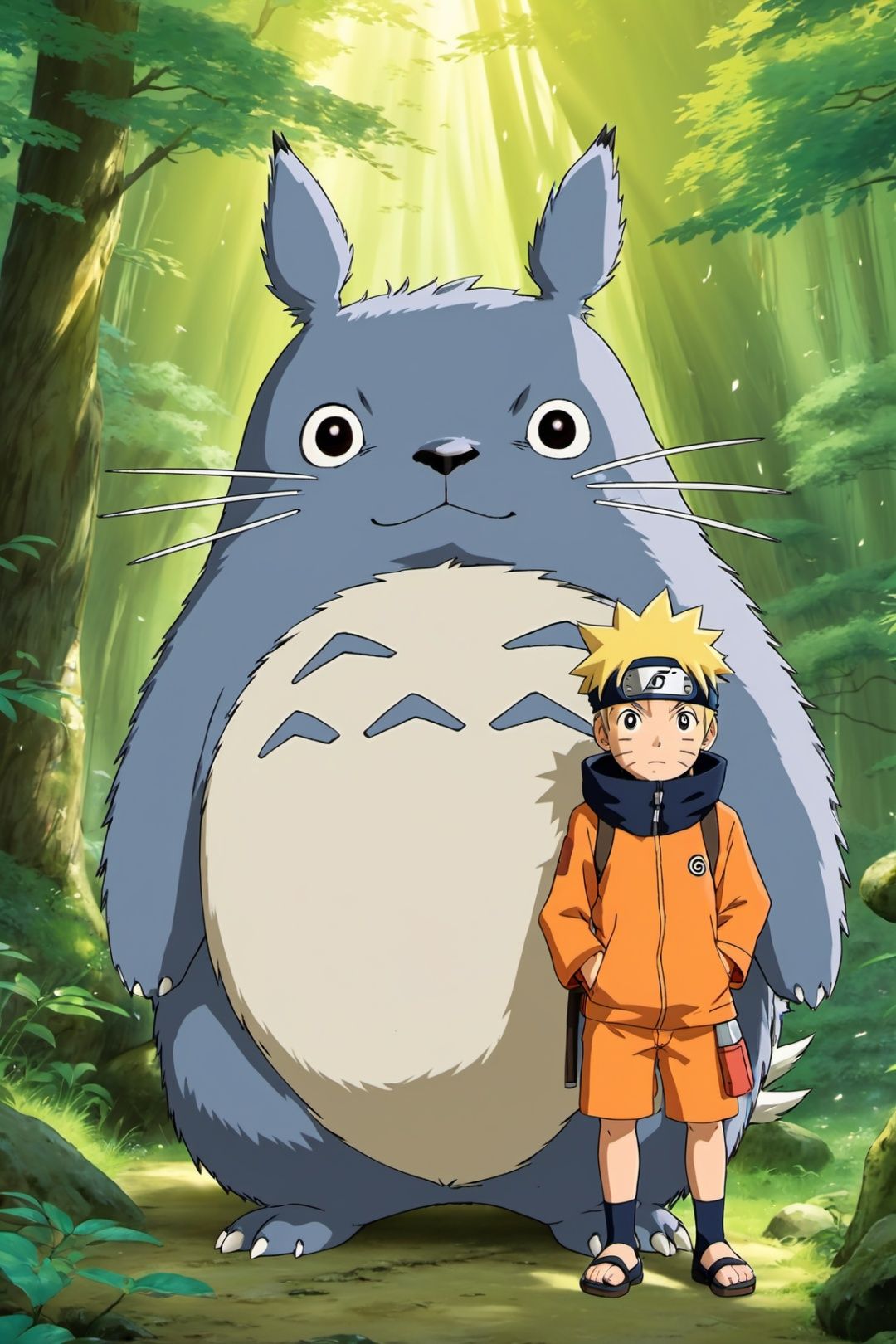  Ghibli artwork Totoro and Naruto Naruto together, dramatic, critical visual, dynamic, highly detailed, studio animation, animated colors, pallas's cat