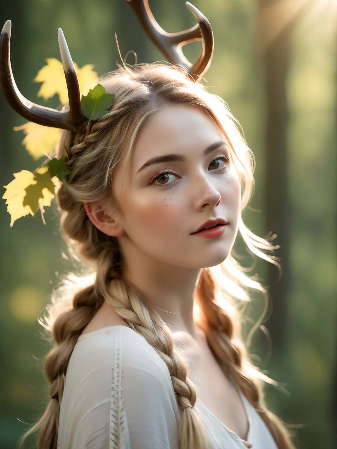 Vintage portrait, photography style, soft focus, pure face,Deer, girl, antlers, vine with leaves, Blonde hair, European and American advanced face, freckles, Detailed light and shadow, Wind, (Strong Sunshine),Two plaits, The forest,Front light source,