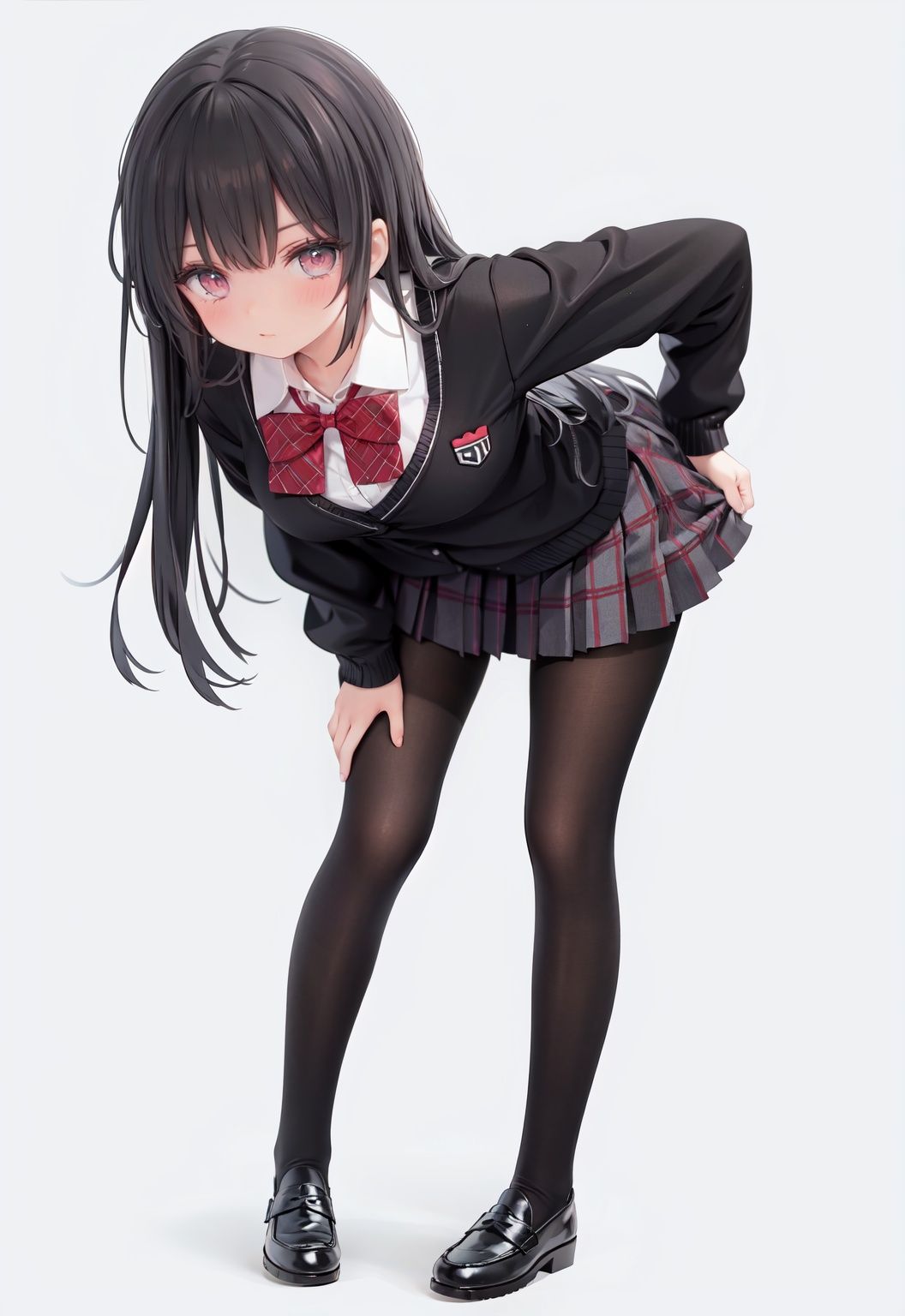  1girl, solo, pantyhose, skirt, long hair, loafers, shoes, simple background, school uniform, brown eyes, plaid, black pantyhose, plaid skirt, looking at viewer, black hair, pantyhose pull, full body, clothes pull, black footwear, pleated skirt, leaning forward, bangs, long sleeves, bent over, cardigan, bow, bowtie, standing, closed mouth, pulled by self, grey background, blush, miniskirt, red bow, sweater, **********