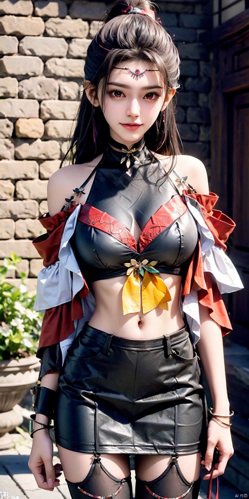  nai3, 1girl, solo, crop top, choker, miniskirt , navel, shirt, midriff, crop top overhang, looking at viewer, white shirt, jewelry, breasts, cowboy shot, bare shoulders, off-shoulder shirt, off shoulder, black choker, thighs, stomach, hand on own thigh, long hair, bracelet, short sleeves, ribbon, hand up, collarbone, hair ribbon, medium breasts, standing, , , bra strap, kind smile, hair ornament, thigh gap, bangs, necklace, expressionless,,kind smile , , blackpantyhose, , Dynamic pose,,liuqiyue