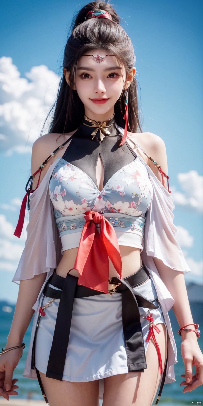  cowboy_shot,(Good structure), DSLR Quality,Short skirt,Blue sky, white clouds, ocean, nai3, 1girl, solo, crop top, , choker, navel, shirt, midriff, crop top overhang, looking at viewer, white shirt, jewelry, breasts, bare shoulders, off-shoulder shirt, off shoulder, black choker, thighs, stomach, long hair, bracelet, short sleeves, ribbon, hand up, collarbone, hair ribbon, medium breasts, , bra strap, , hair ornament, thigh gap, necklace, expressionless, , ,kind smile, ,, liuqiyue