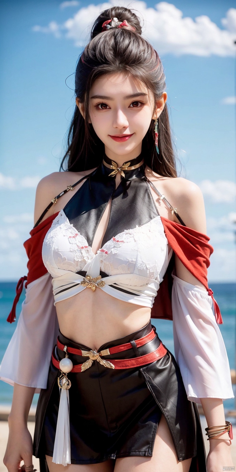  cowboy_shot,(Good structure), DSLR Quality,Short skirt,Blue sky, white clouds, ocean, nai3, 1girl, solo, crop top, , choker, navel, shirt, midriff, crop top overhang, looking at viewer, white shirt, jewelry, breasts, bare shoulders, off-shoulder shirt, off shoulder, black choker, thighs, stomach, long hair, bracelet, short sleeves, ribbon, hand up, collarbone, hair ribbon, medium breasts, , bra strap, , hair ornament, thigh gap, necklace, expressionless, , ,kind smile, ,, liuqiyue