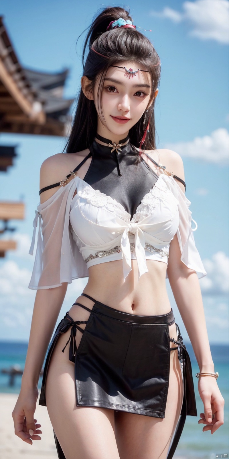  cowboy_shot,(Good structure), DSLR Quality,Short skirt,Blue sky, white clouds, ocean, nai3, 1girl, solo, crop top, , choker, navel, shirt, midriff, crop top overhang, looking at viewer, white shirt, jewelry, breasts, bare shoulders, off-shoulder shirt, off shoulder, black choker, thighs, stomach, long hair, bracelet, short sleeves, ribbon, hand up, collarbone, hair ribbon, medium breasts, , bra strap, , hair ornament, thigh gap, necklace, expressionless, , ,kind smile, ,, liuqiyue