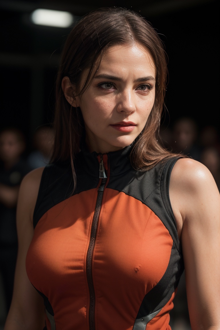 ultra-detailed,  woman in red and black vest,  eye contact on Tensor.Art
