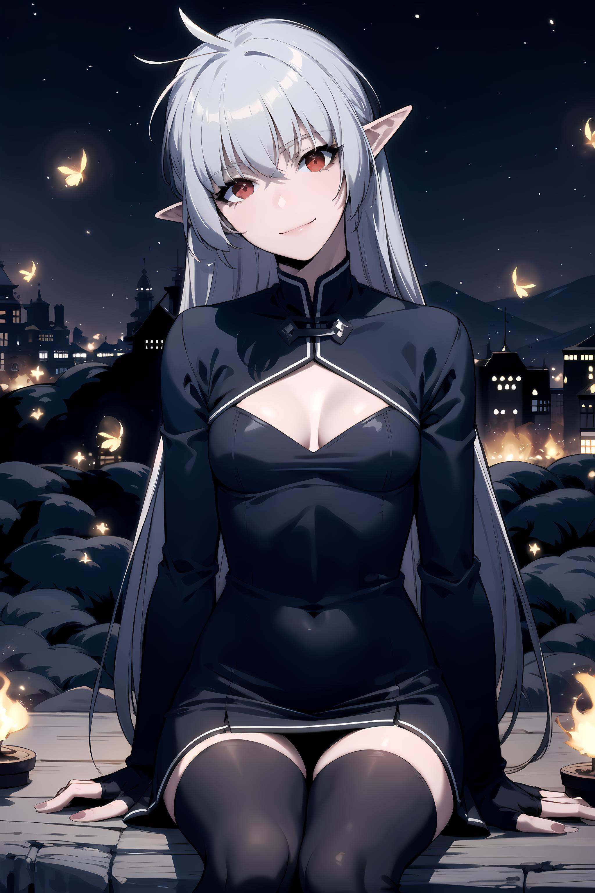 best quality, (masterpiece:1.2), detailed,<lora:chara_SoloMaxLevelNewbie_Alice_v2:0.8>, alice,mature, closed mouth, light smile,grey hair, long hair, red eyes, pointy ears, small breasts,black dress, cleavage cutout, long sleeves, thighhighs, thigh strip,sitting, head tilt, looking at the viewer,castle, night, fireflies, starry sky, <lora:night-r:0.3>,