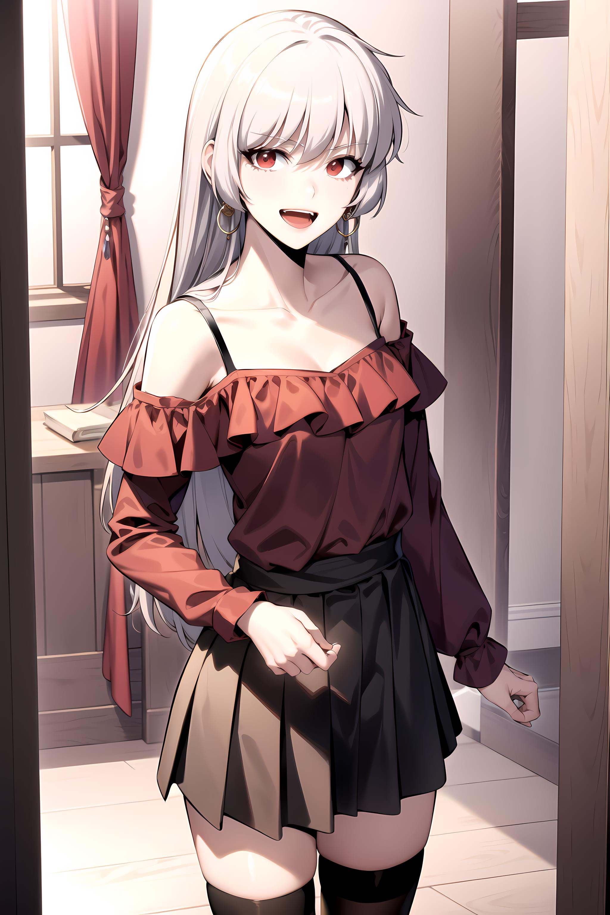 best quality, (masterpiece:1.2), detailed,<lora:chara_SoloMaxLevelNewbie_Alice_v2:0.8>, alice,open mouth, light smile,grey hair, long hair, red eyes,ballroom dress, red shirt, **** top, off shoulder, collarbone, earrings, pleated skirt, thighhighs,standing, looking at the viewer,indoors, night