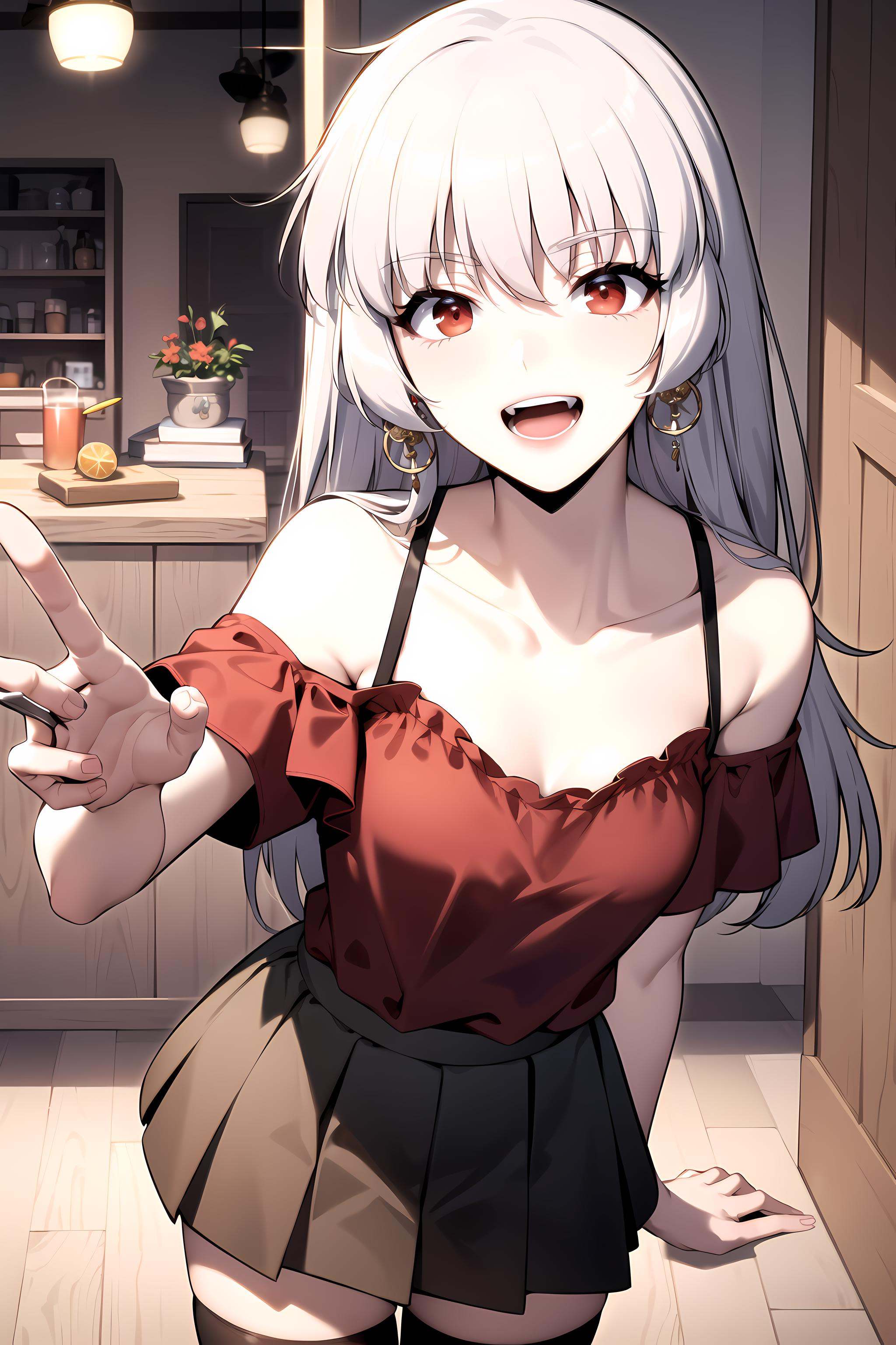 best quality, (masterpiece:1.2), detailed,<lora:chara_SoloMaxLevelNewbie_Alice_v2:0.8>, alice,open mouth, light smile,grey hair, long hair, red eyes,ballroom dress, red shirt, **** top, off shoulder, collarbone, earrings, pleated skirt, thighhighs,standing, looking at the viewer,indoors, night