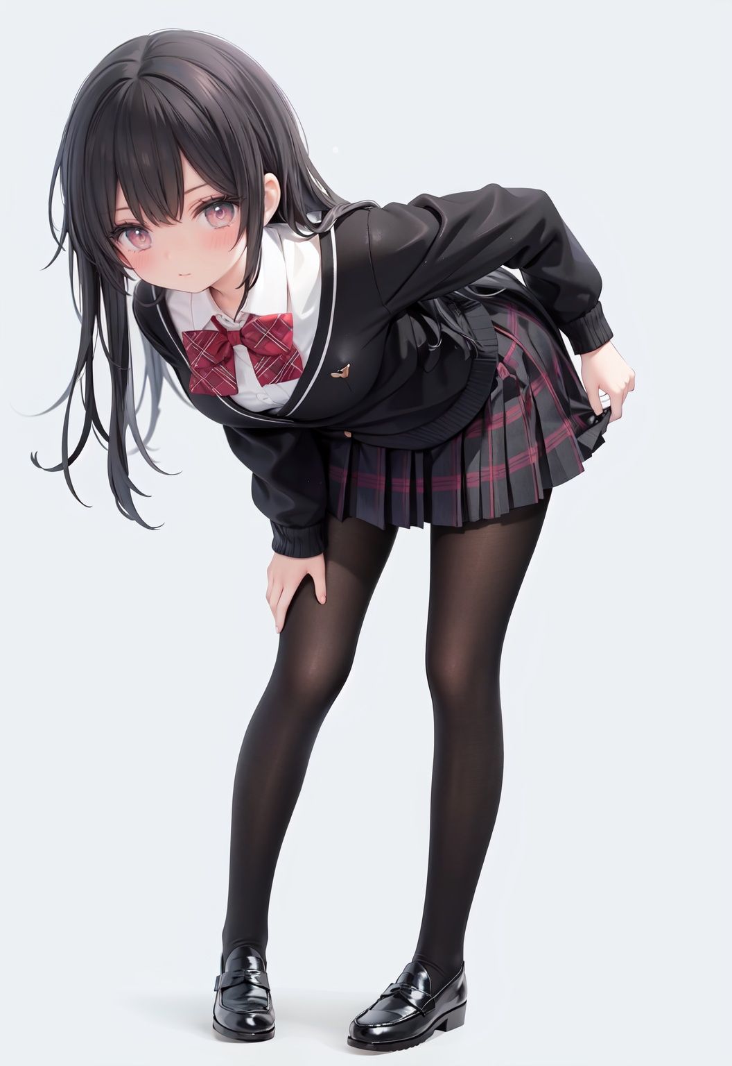  1girl, solo, pantyhose, skirt, long hair, loafers, shoes, simple background, school uniform, brown eyes, plaid, black pantyhose, plaid skirt, looking at viewer, black hair, pantyhose pull, full body, clothes pull, black footwear, pleated skirt, leaning forward, bangs, long sleeves, bent over, cardigan, bow, bowtie, standing, closed mouth, pulled by self, grey background, blush, miniskirt, red bow, sweater, **********