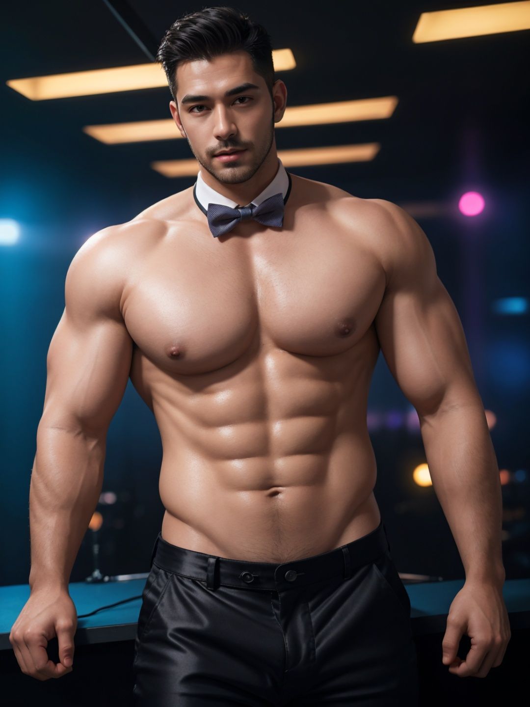 masterpiece,1 Man,Look at me,Indoor,Nightclub,Neon light,Light and shadow,Greasy and shiny skin,Black trousers,Bow tie,Sex party,Muscle,Beard,Topless,Handsome,uncle,Mature male,textured skin,super detail,best quality,