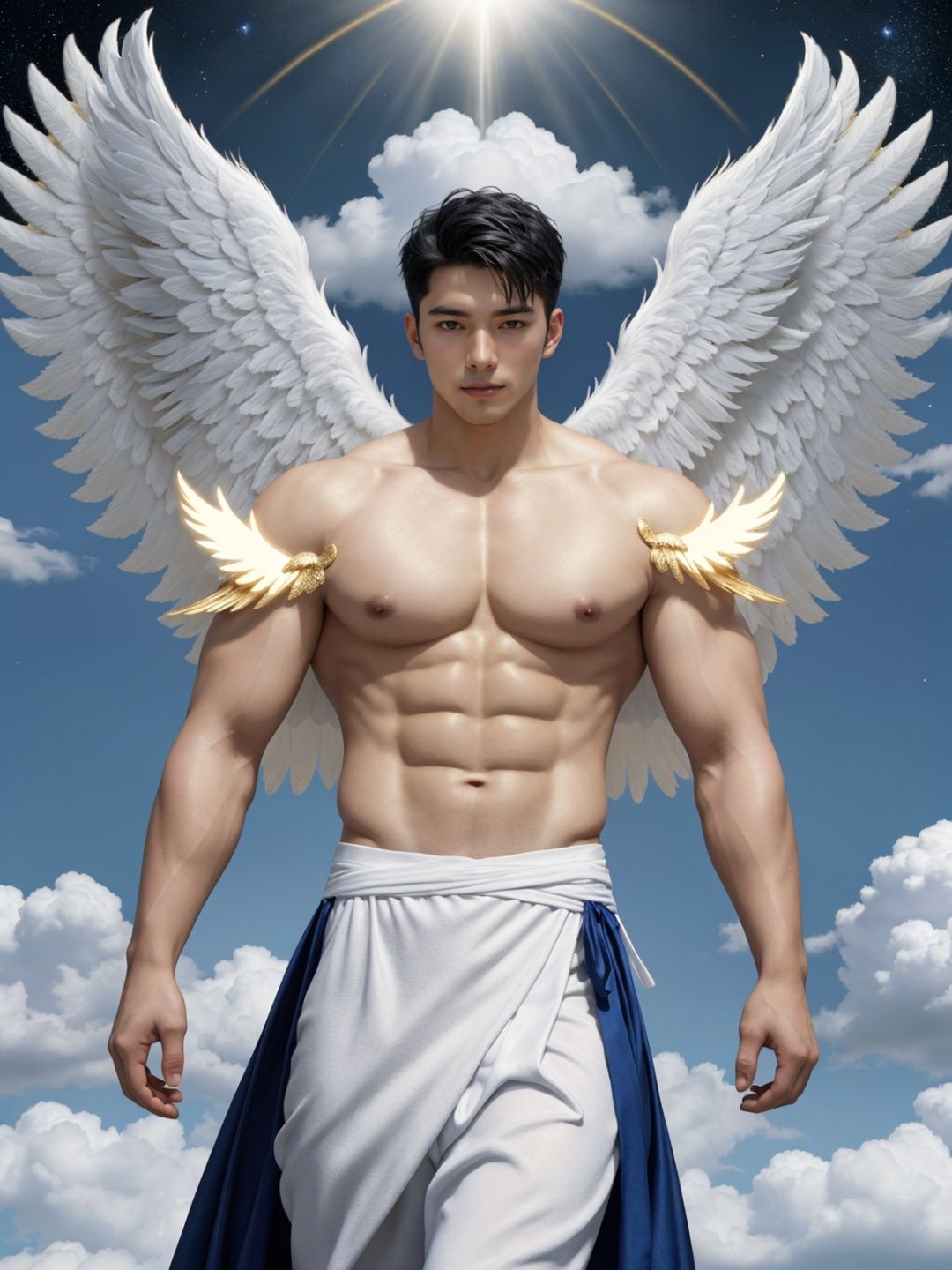 masterpiece,1 boy,Look at me,Muscular development,Handsome,Lovely,Heaven,Robe,in white and gold costume,Angel with six wings,in the sky,clouds,man with wings,angel wings,glowing,platinum hair,outdoors,stars,gold magic swirling,golden feathers,textured skin,super detail,best quality,