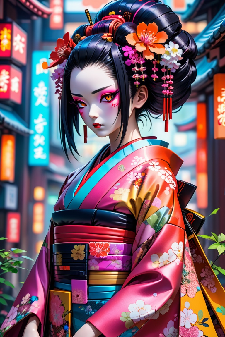((anime style)),  Cyberpunk humanoid robot geisha,  flower kimono on Tensor.Art