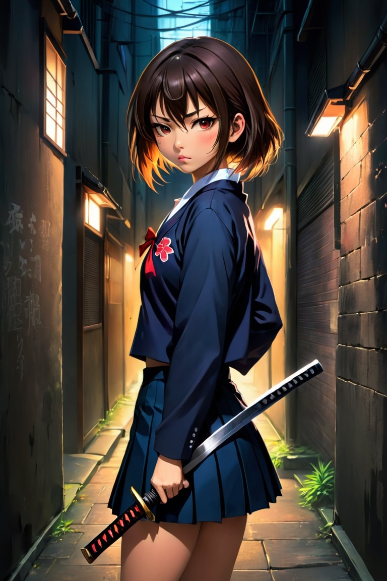 ((anime style)),  Pretty Japanese female in school uniform with katana in a dark alley on Tensor.Art