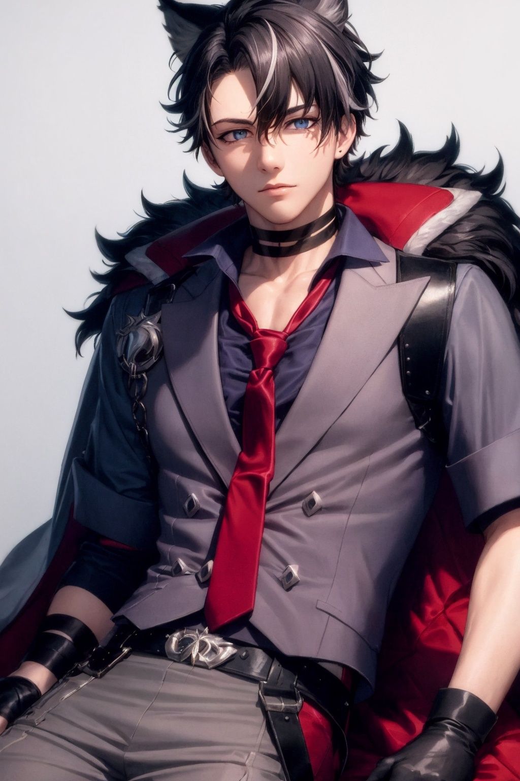 masterpiece, best quality, <lora:Wriothesley:0.8>,1boy,handsome,male focus,  animal ears,black hair,short hair,blue eyes,choker,red necktie,short sleeves,black gloves,shirt, jacket,belt,grey pants, fur trim,grey background, 