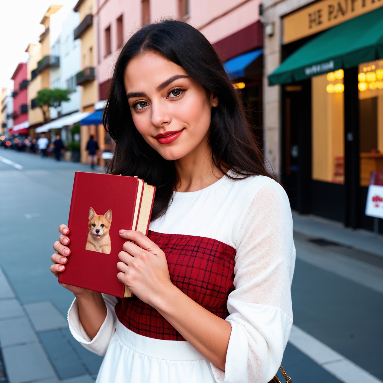 Cute puppy. Beautiful puppy. Adorable puppy. Portrait of a woman in a white dress,  holding a book with delicate hands,  e...