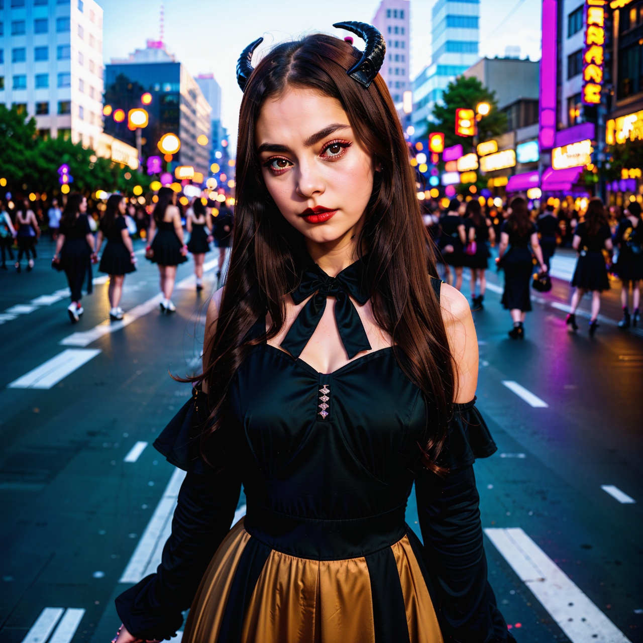 Anime girl with horns and a dress with a skull on it,  ((light brown hair))(loli in dress,  gothic maiden anime girl on Te...