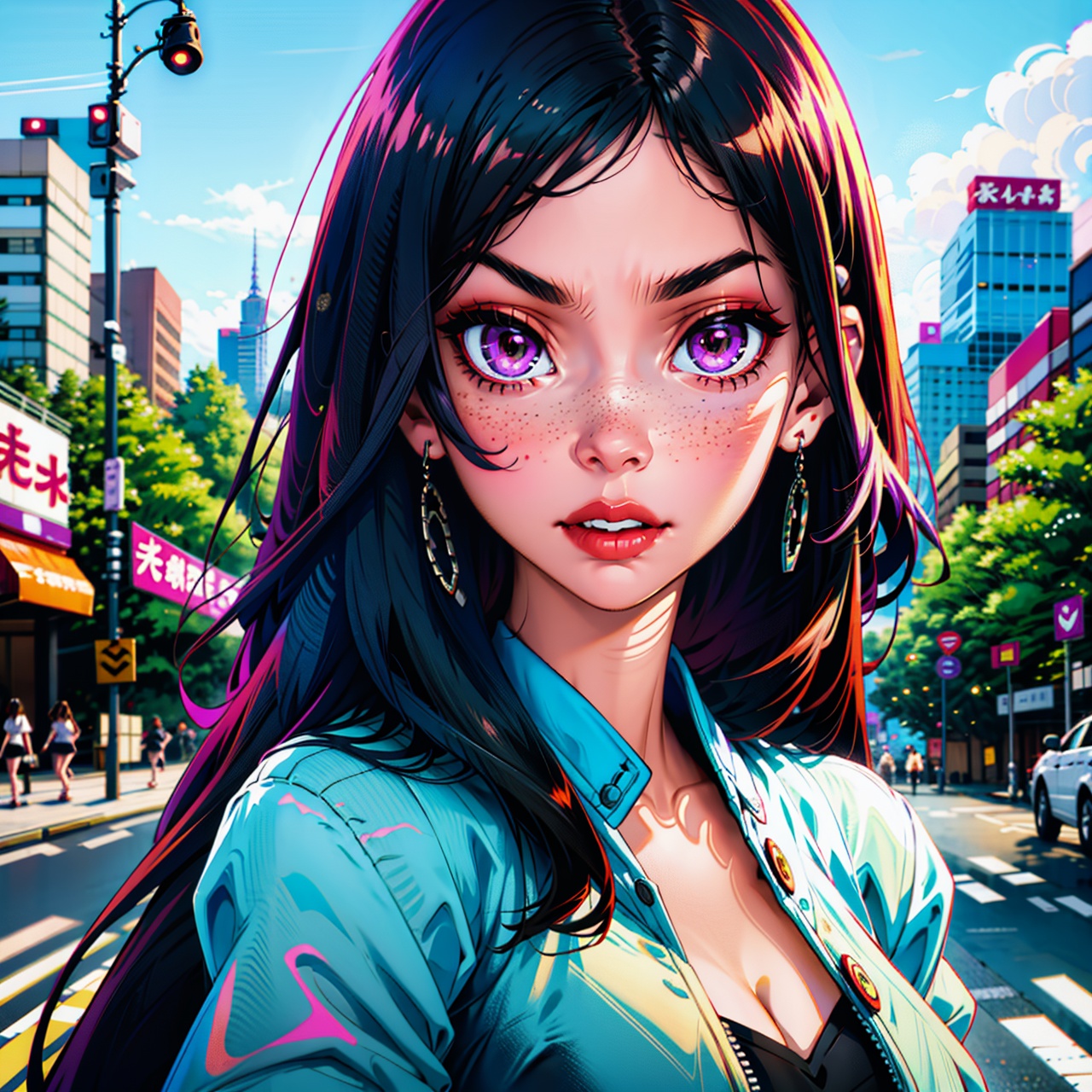 a woman with wavy black hair and purple eyes,  black alien armor,  freckles on Tensor.Art