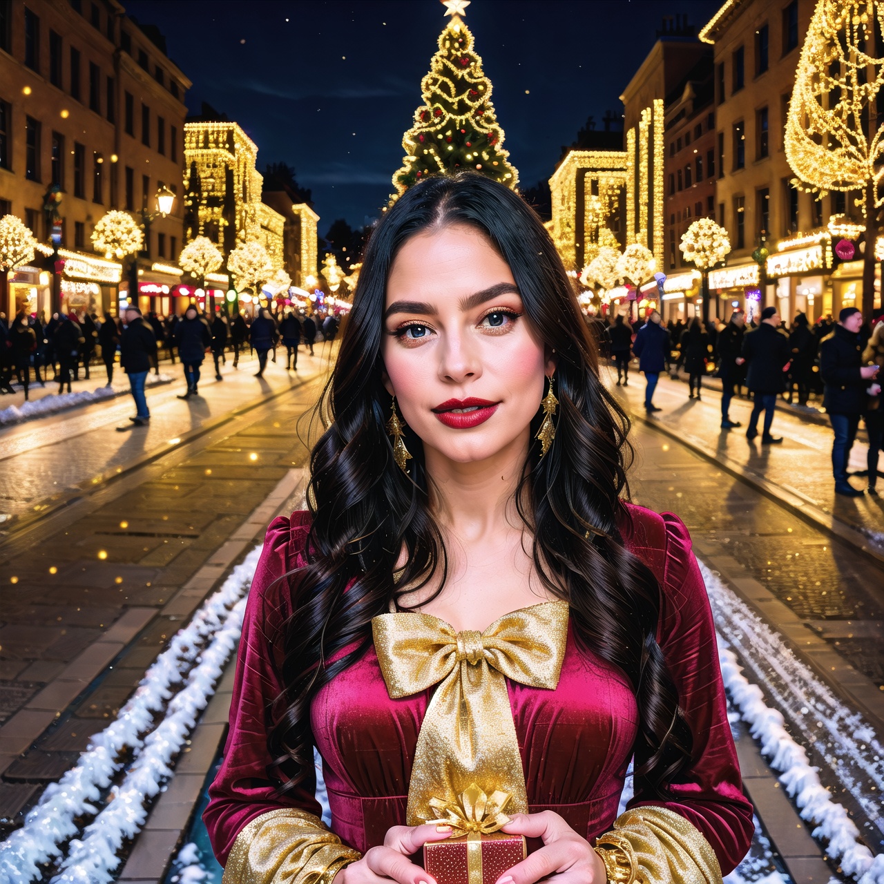 A girl in a chocolate carriage near a Christmas tree,  surrounded by mythical gifts on a snowy day. ,  ultra-detailed on T...