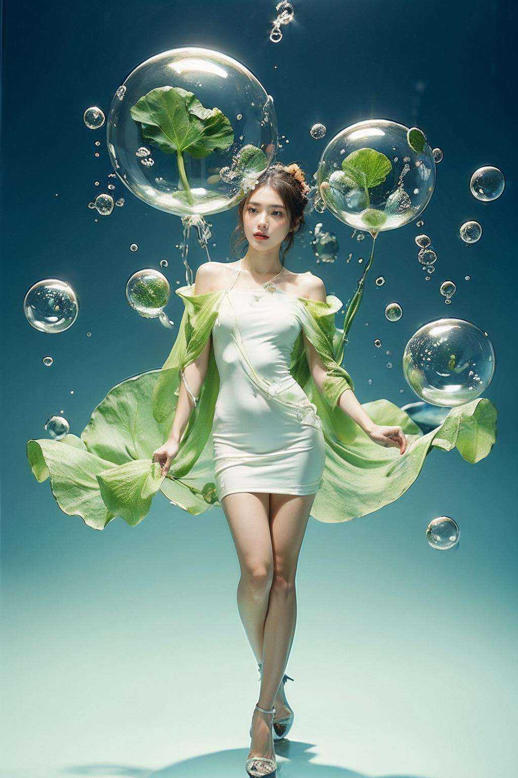 (1girl:1.1),stars in the eyes,(pure girl:1.1),full body,There are many scattered luminous petals,green theme,bubble,contour deepening,white_background,cinematic angle,(centella:1.2),adhesion,tight clothing,flowing liquid,<lora:bubble_20231016210547-000007:0.8>,