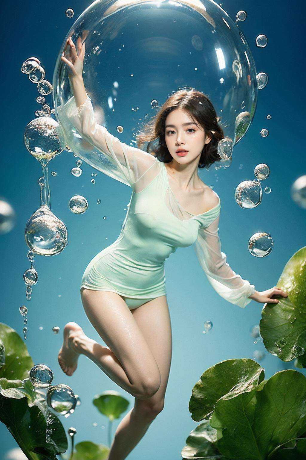 (1girl:1.1),stars in the eyes,(pure girl:1.1),full body,There are many scattered luminous petals,green theme,bubble,contour deepening,white_background,cinematic angle,(centella:1.2),adhesion,tight clothing,flowing liquid,<lora:bubble_20231016210547-000007:0.8>,