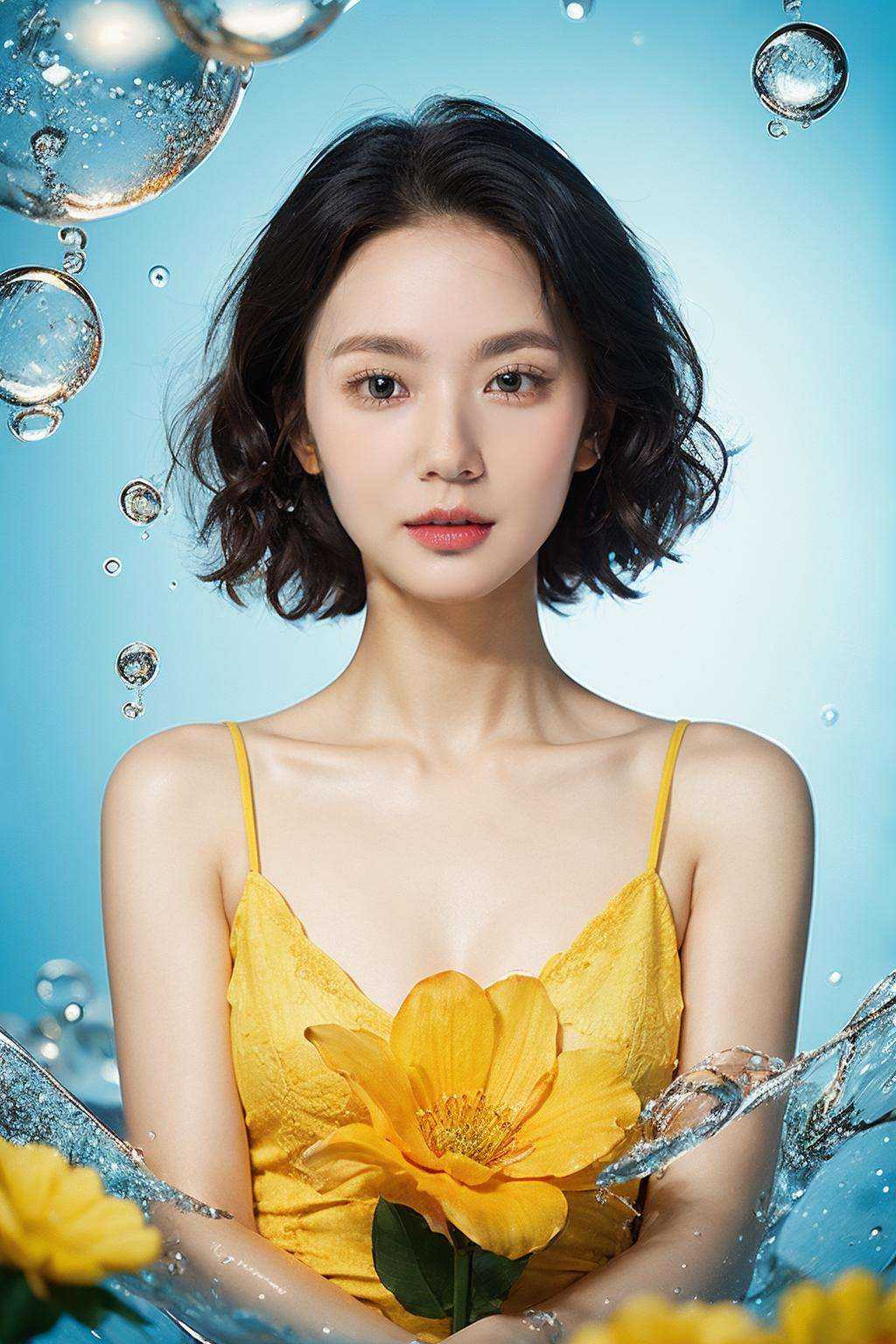 (1girl:1.2),stars in the eyes,(pure girl:1.1),curly hair,short hair,depth of field,bust,adhesion,water drop,flower,flash,yellow theme,<lora:bubble_20231015171923-000005:0.7>,