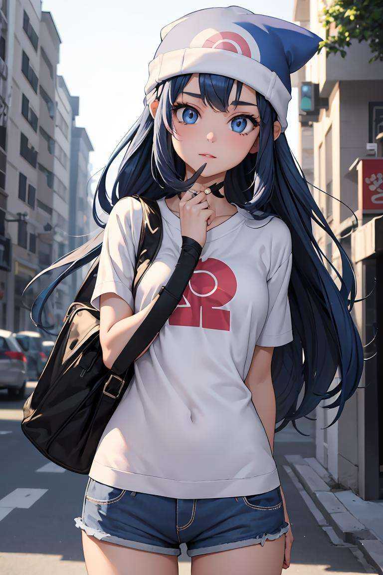 (masterpiece, best quality), 1girl,  <lora:dawn_v2:0.8> dawn pokemon, long hair,  blue eyes, dark blue hair, beanie, hairpin