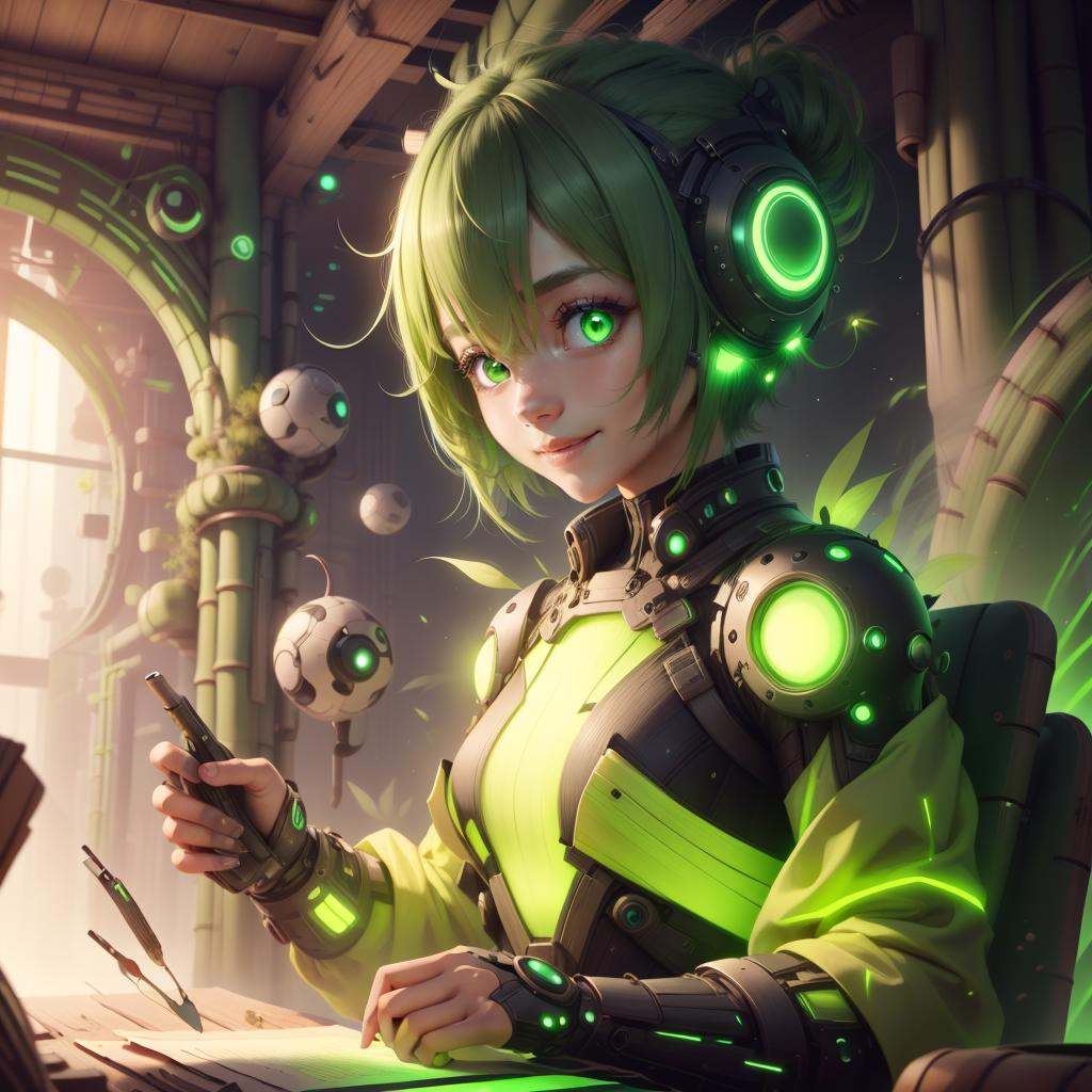<lora:BambooTech-20:1>, bambootech , scifi, bamboo, fibers , scholar , scroll, 1girl,short hair, green hair, glowing eyes, smile ,closed mouth,