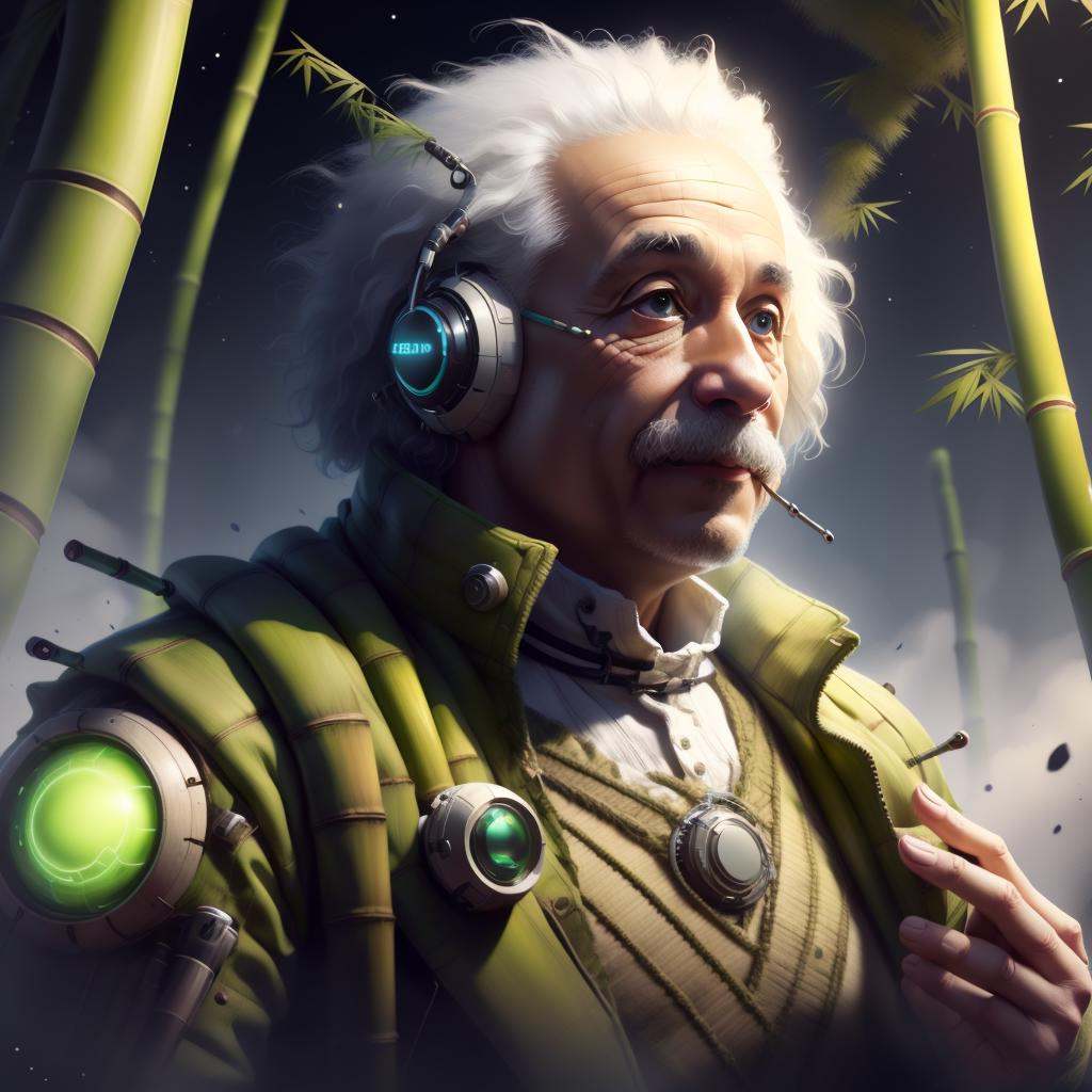 <lora:BambooTech-20:1>, bambootech , scifi, bamboo, fibers , man , Albert Einstein, <lora:Albert Einstein:0.8> , scientist coat,