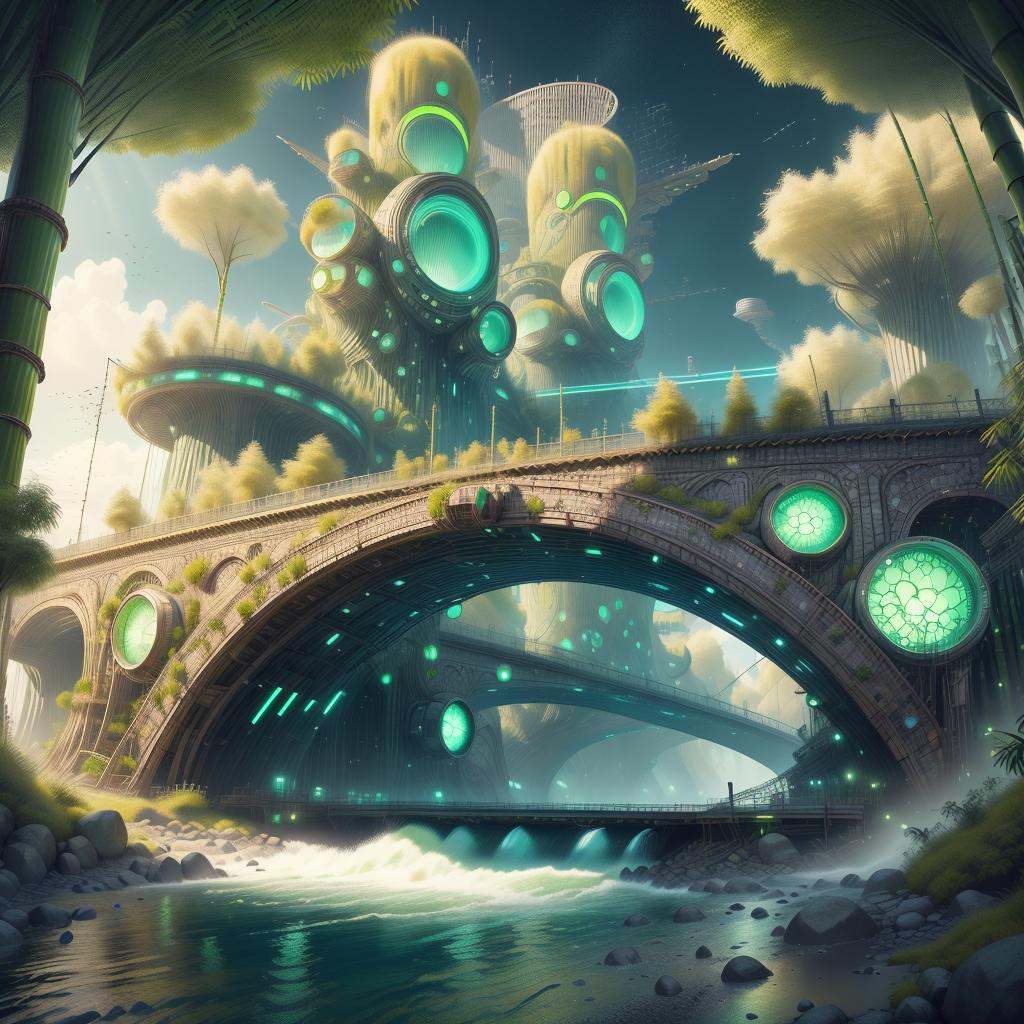 <lora:BambooTech-20:1>, bambootech , scifi, bamboo, fibers , bridge, river