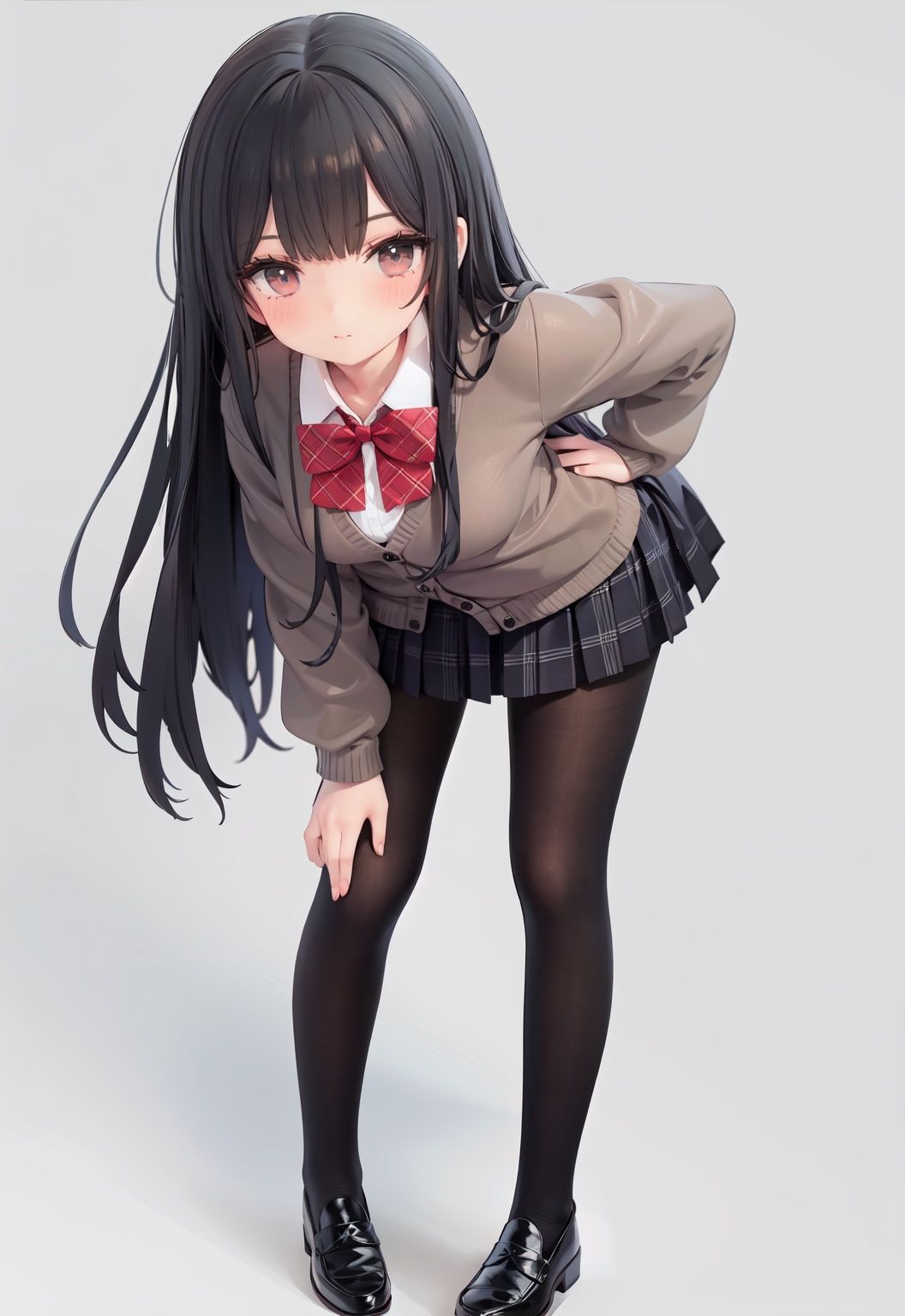  1girl, solo, pantyhose, skirt, long hair, loafers, shoes, simple background, school uniform, brown eyes, plaid, black pantyhose, plaid skirt, looking at viewer, black hair, pantyhose pull, full body, clothes pull, black footwear, pleated skirt, leaning forward, bangs, long sleeves, bent over, cardigan, bow, bowtie, standing, closed mouth, pulled by self, grey background, blush, miniskirt, red bow, sweater, **********
