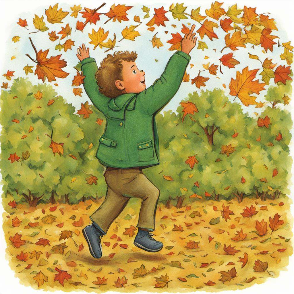 childrens_book_illustration a child in a green jacket throwing leaves in the air on Tensor.Art