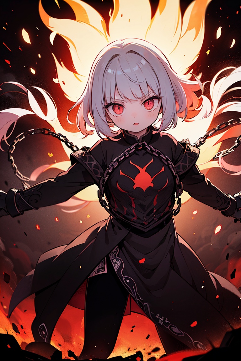 A striking anime character,  shrouded in shadows and poised for battle,  stands against a deep crimson background adorned...